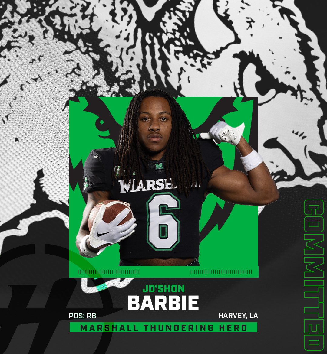● RB Spotlight ●

Jo'Shon Barbie

McNeese ➡️ Marshall

• Herd fans get to know this name, I watched Barbie play last season and was impressed by his athleticism &amp; vision at McNeese. Last season he rushed for 831 yards 8 Touchdowns averaging 5.6 yards per carry. He also caught