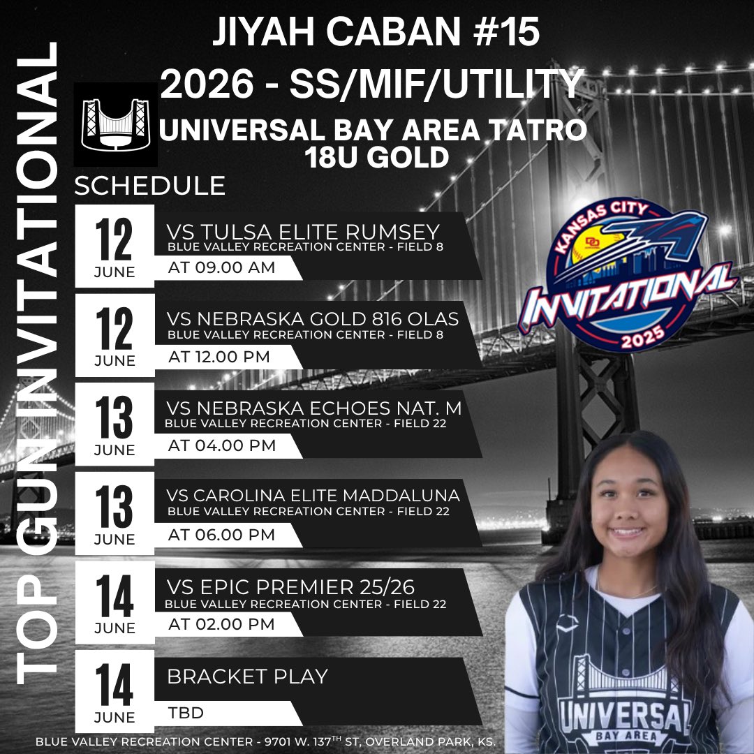 Jiyah Caban (@jiyahcaban) on Twitter photo Off to Kansas City to play in the Top Gun Invitational with my <a href="/UniversalTatro/">Universal Bay Area-Tatro 18U Gold</a> teammates!!!
#UBAFamily🙌🏽 #uncommitted2026softball #ss #utility
<a href="/NCSACoachDaily/">Jess Daily</a> <a href="/Valiantpride/">Coach Martin</a> <a href="/SFState_SB/">SF State Softball</a> <a href="/CoachAJ10/">Coach AJ Robinson</a> <a href="/CoachDCruz3/">Delanie Cruz</a> <a href="/SunilSportsNews/">Sports News By Sunil Sunder Raj</a> <a href="/CoastRecruits/">Coast 2 Coast Recruits</a> <a href="/TopPreps/">SPORTS NEWS, VIDEOS, GRAPHICS, EXPOSURE & MORE</a> <a href="/SoftballRider/">Rider Softball</a> <a href="/SBRRetweets/">Softball Recruiting Reposts</a> Off to Kansas City to play in the Top Gun Invitational with my <a href="/UniversalTatro/">Universal Bay Area-Tatro 18U Gold</a> teammates!!!
#UBAFamily🙌🏽 #uncommitted2026softball #ss #utility
<a href="/NCSACoachDaily/">Jess Daily</a> <a href="/Valiantpride/">Coach Martin</a> <a href="/SFState_SB/">SF State Softball</a> <a href="/CoachAJ10/">Coach AJ Robinson</a> <a href="/CoachDCruz3/">Delanie Cruz</a> <a href="/SunilSportsNews/">Sports News By Sunil Sunder Raj</a> <a href="/CoastRecruits/">Coast 2 Coast Recruits</a> <a href="/TopPreps/">SPORTS NEWS, VIDEOS, GRAPHICS, EXPOSURE & MORE</a> <a href="/SoftballRider/">Rider Softball</a> <a href="/SBRRetweets/">Softball Recruiting Reposts</a>
