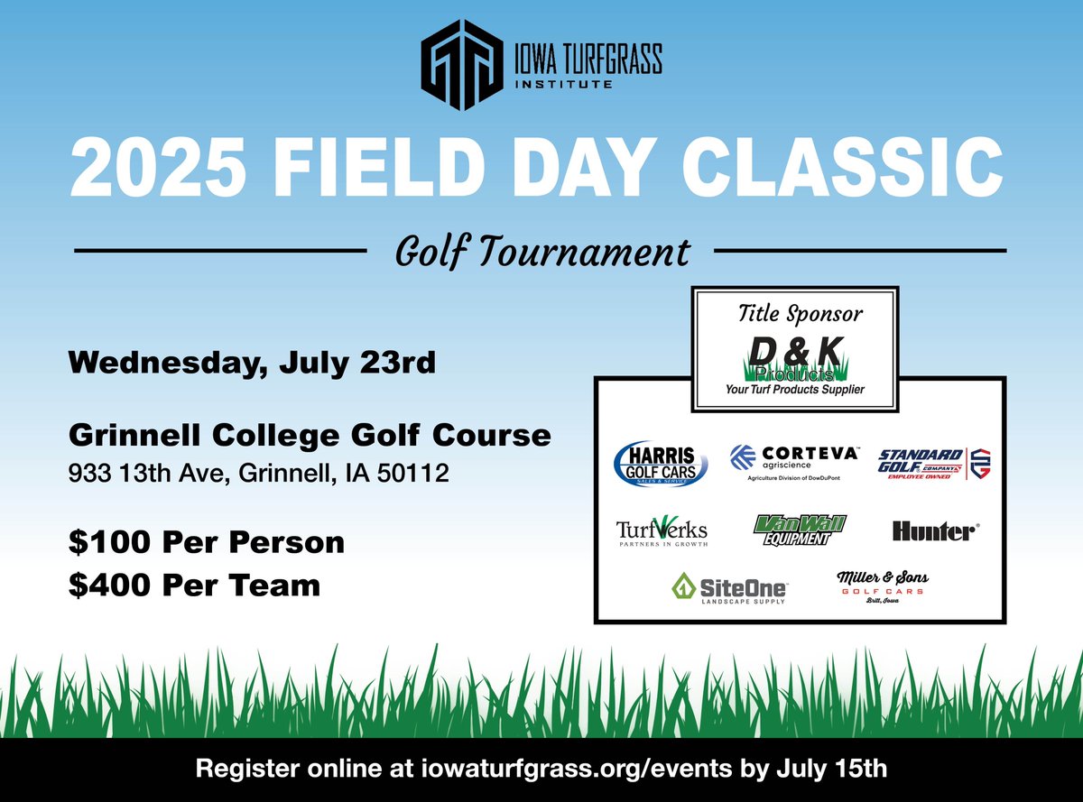 ⛳️ Here is your reminder to register for the ITI Field Day Classic! All proceeds benefit the Iowa Turfgrass Institute and its mission of supporting turfgrass education and research in the state of Iowa. Sign up your team today at iowaturfgrass.org/field-day-clas…