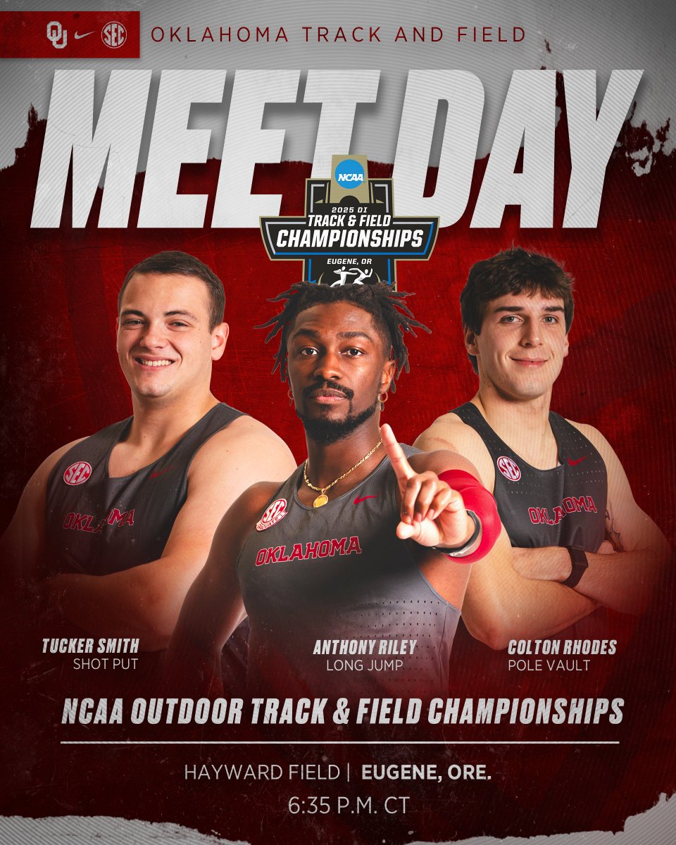 The men take on TrackTown today! 👟

🏟️ NCAA Outdoor Championships
📍 Hayward Field
⏰ 6:35 p.m. CT
📊 bit.ly/4jW9usg
📺 bit.ly/4kVb1iW

#BoomerSooner ☝️