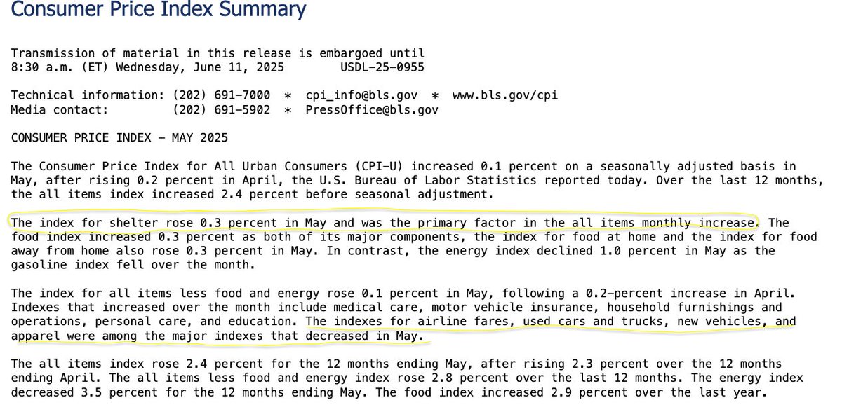 CPI for May is out! Short version: we are in deep trouble - because there WAS NO INFLATION.

Tariffs impacted prices exactly ZERO across the board. If you take away housing... inflation was NOWHERE TO BE SEEN.

That's good right?

Nope. That's the sign of a deflationary recession
