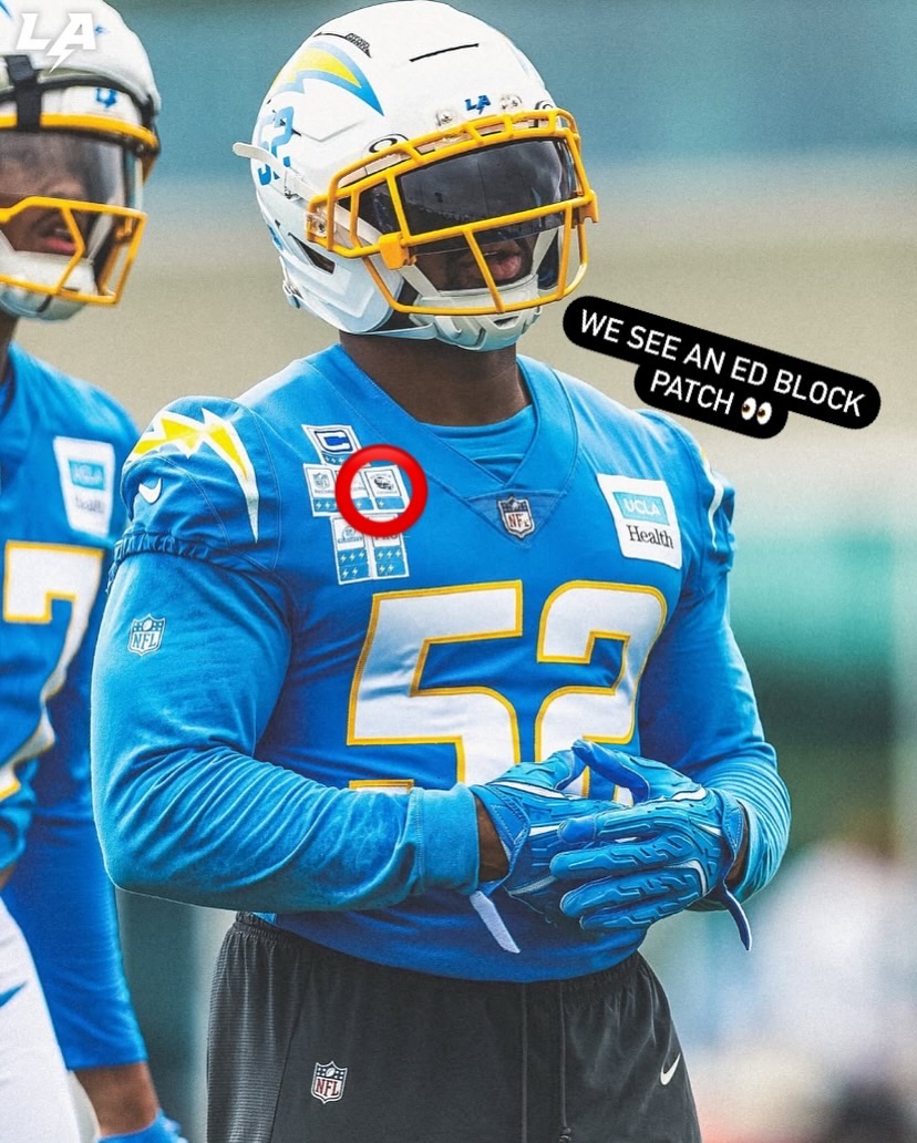 EdBlock's tweet image. We see our guys @DerwinJames and @FiftyDeuce repping @EdBlock on their jerseys 🔥
Credit: @Chargers
#EdBlock #BuildingBlock #NFL #Chargers #BoltUp