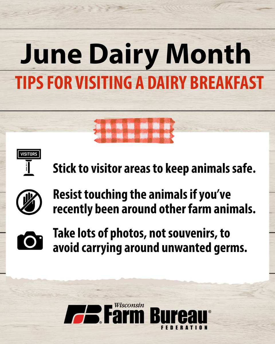 🐮June Dairy Month is in full swing, which means there are lots of local dairy breakfasts to attend! 

🧼Be a great dairy breakfast guest by following these simple tips to keep farms sanitary. 

🥛Share these suggestions with your friends and family to ensure farms stay safe!
