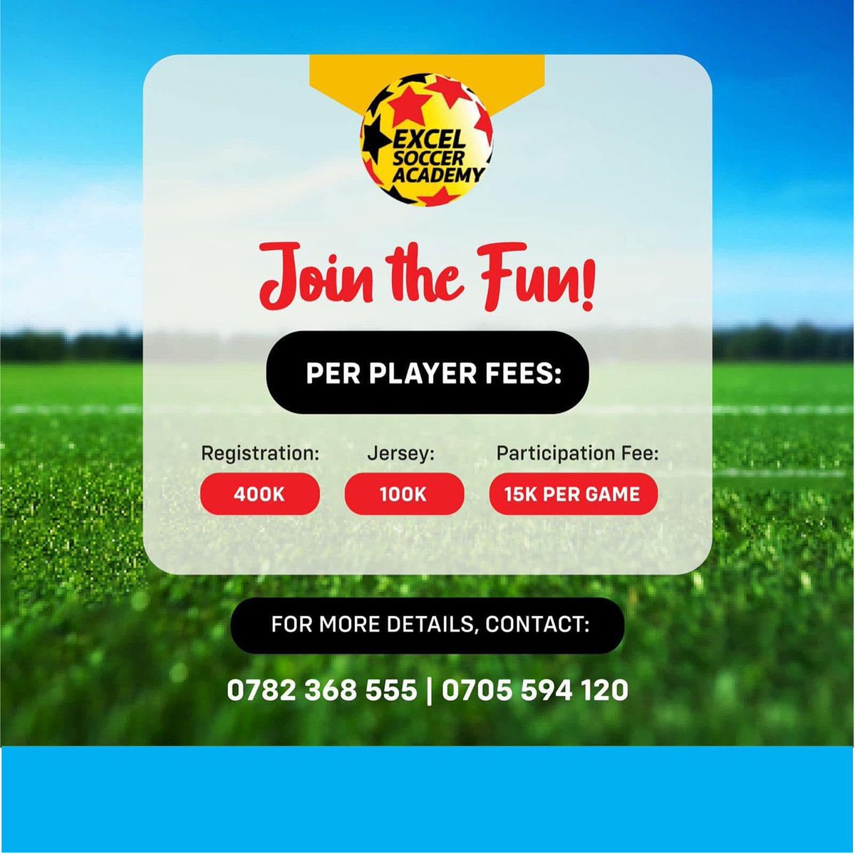 🌟⚽ Got a young soccer star at home?
Join Excel Soccer Academy today!

💸 Reg: 400K | Jersey: 100K | Sessions: 15K
📞 0705 594120 / 0782 368555

🎯 Let them shine on the field! 🏆
#ExcelSoccerAcademy #UgandaSoccer #SoccerKidsUG
