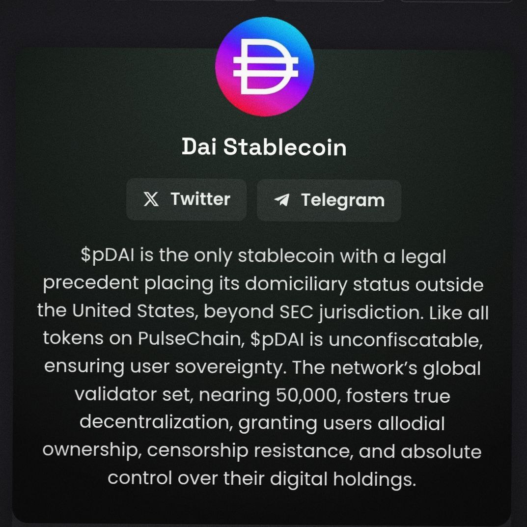 <a href="/WatcherGuru/">Watcher.Guru</a> <a href="/LeaderJohnThune/">Leader John Thune</a> But these stablecoins are centralized and have freezing options!

We need a decentralized stablecoin like $pDAI on PulseChain!

dexscreener.com/pulsechain/0xf… 

$DAI on PulseChain