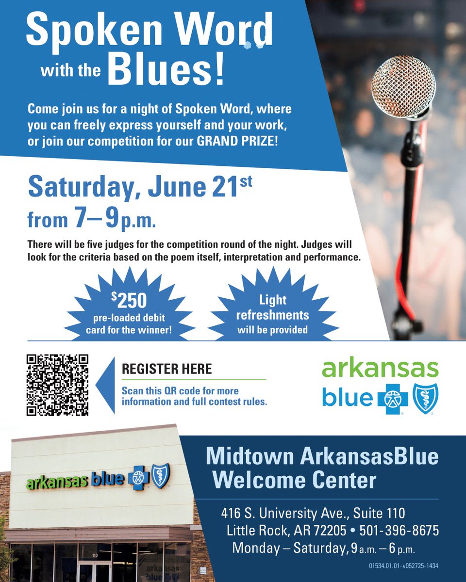 🎤 Join us for Spoken Word with the Blues! on June 21, 7–9 p.m. Compete for a $250 prize and show off your talent! Light refreshments and lots of creativity. Register here: form.jotform.com/bluemidtown/po… #Poetry #Arkansas #TakeGoodCareArkansas