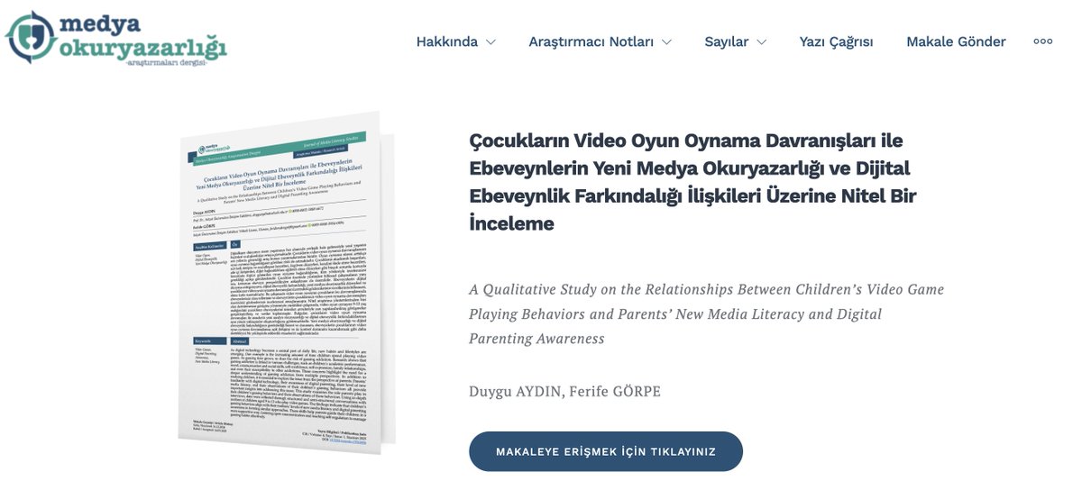Erken Görünüm / Online-First 
Çocukların Video Oyun Oynama Davranışları ile Ebeveynlerin Yeni Medya Okuryazarlığı ve Dijital Ebeveynlik Farkındalığı İlişkileri Üzerine Nitel Bir İnceleme
⏩medyaokuryazari.org/erken-gorunum-…