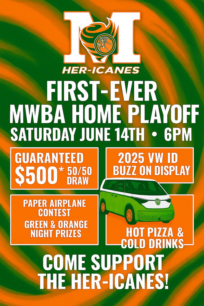 History is being made in Miramichi &amp; YOU need to be there for it!
Our Hericanes are hosting their first-ever MWBA playoff game &amp; it’s going to be an unforgettable night of hoops, hype &amp; hometown pride! 💚🏀🧡
📍 Saturday, June 14
🕕 Tip-off: 6:00PM
📍 MVHS 
🏀 vs. Port City Fog