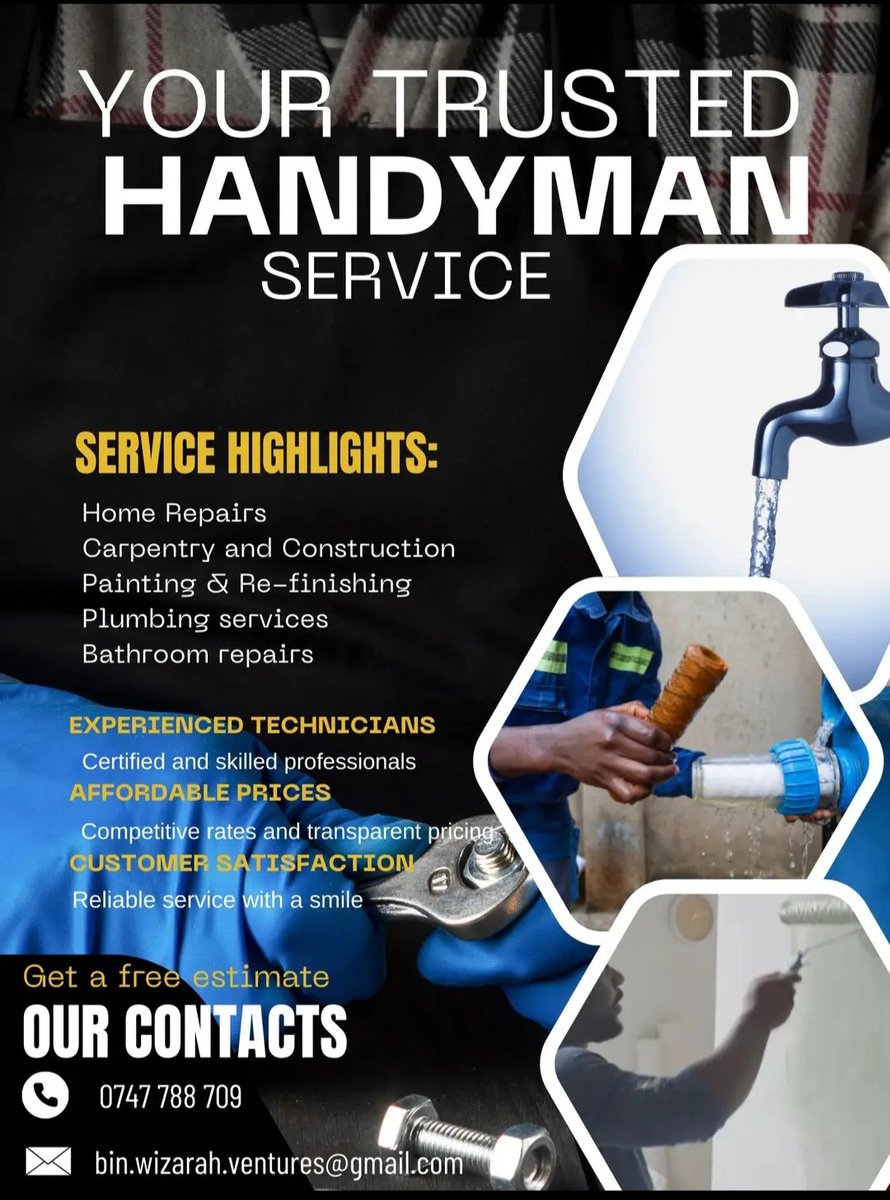 francian015's tweet photo. For handyman services within Nairobi and it's environs.

Plumbing services 
Facility Management services 
Carpentry and construction 
Electrical repairs
Home repairs 
Tiling.

Hit us up. 
#2025Budget.
Plus, we are a registered company and also etims compliant.
#ikokazike https://t.co/xCcYc6KUP0