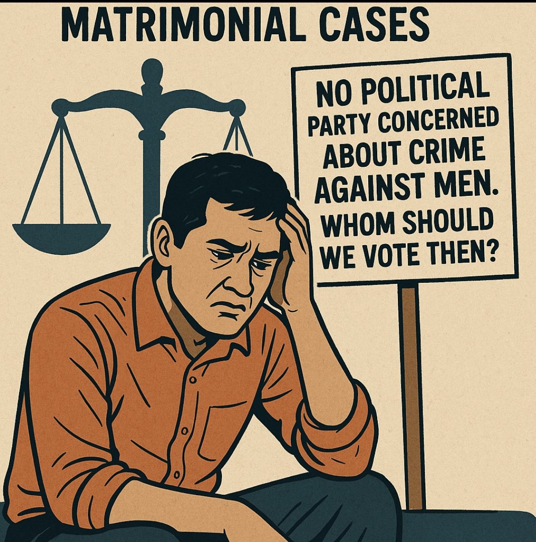 Isn’t it strange — or shameful — that not a single political party dares to speak against crimes faced by Indian men in false matrimonial cases? Why should Indian men vote for those who stay silent on their pain?"
#MenToo #GenderBiasedLaws