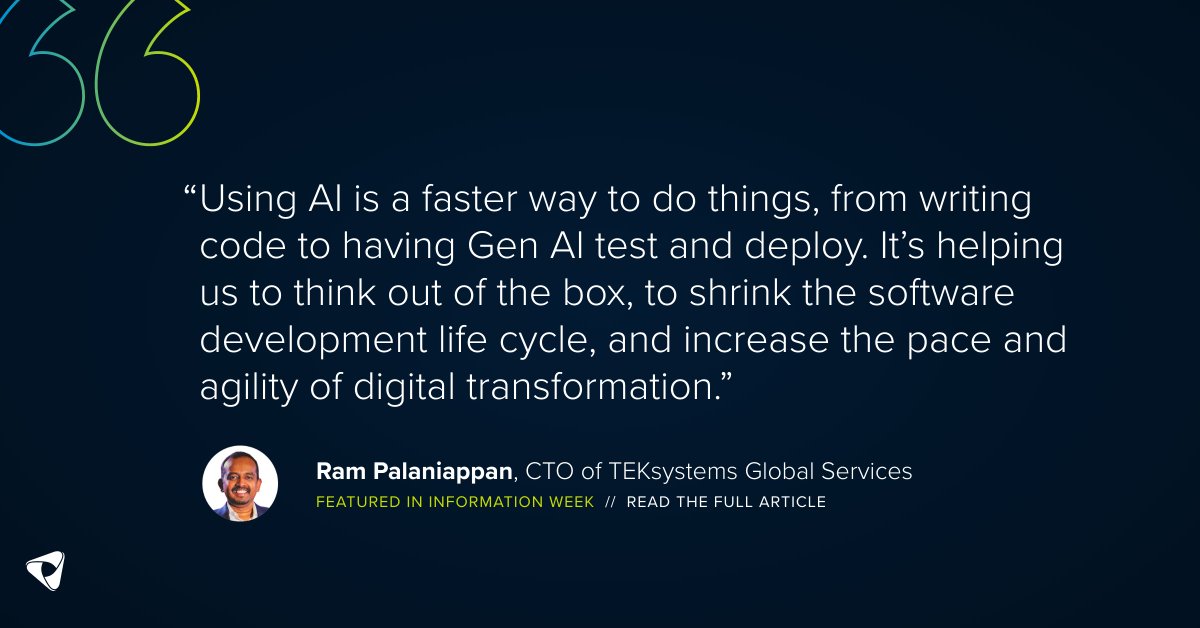 TEKsystems's tweet image. Rushing into GenAI without #CleanData is a big risk.

Our CTO Ram Palaniappan warns that a quick AI leap forward can lead to business missteps. Data gaps undermine trust in new tech — it’s time to bridge the data confidence gap.

Read more: bit.ly/3GkA3sU