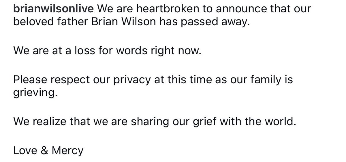Per Brian Wilson’s Instagram, the iconic member of The Beach Boys has passed away. Pour one out for a legend.

Brian &amp; Kenzie, weekdays 6-10am