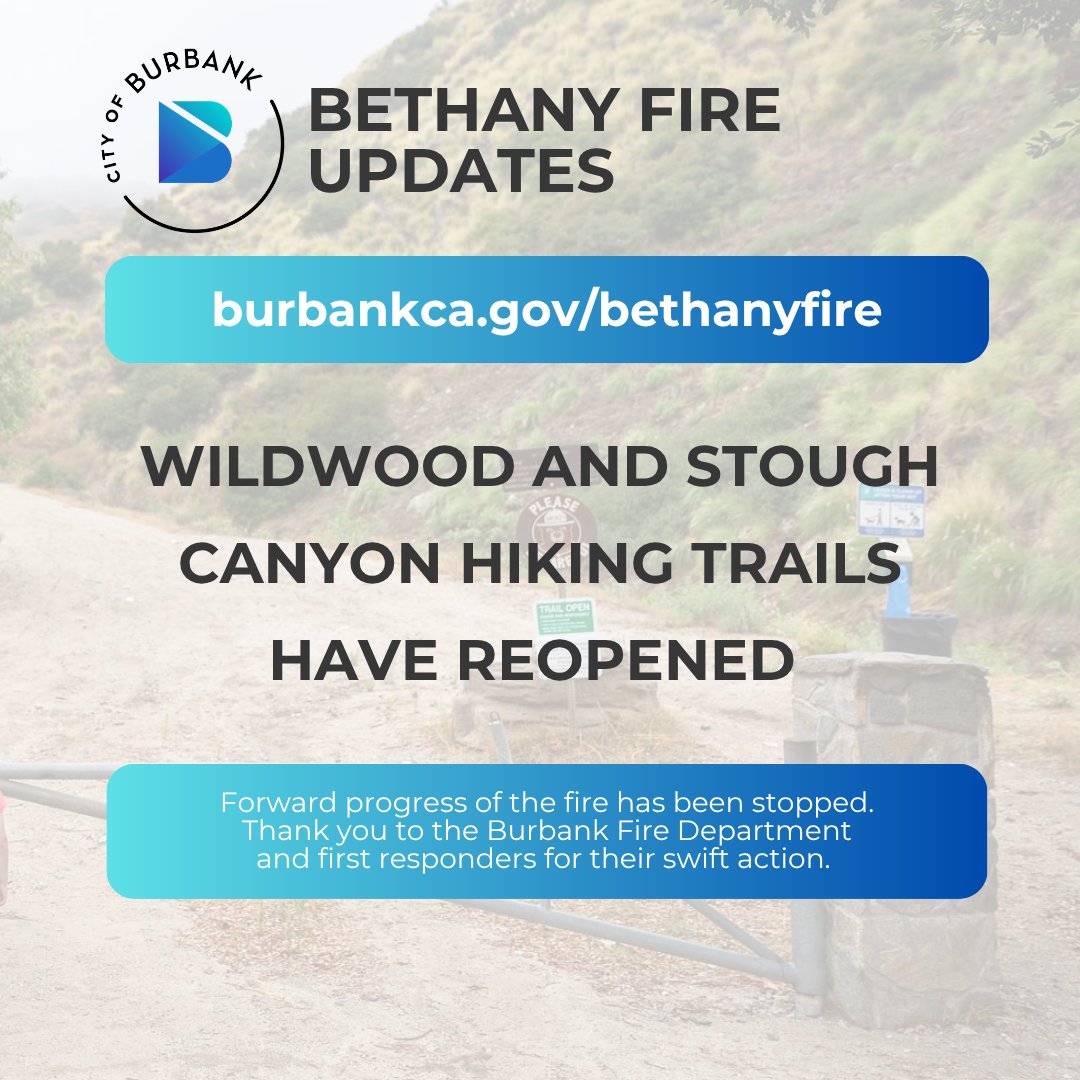 City of Burbank (@burbankca) on Twitter photo Wildwood and Stough Canyon Hiking Trails have reopened to the public.
Thankful for the quick response from the Burbank Fire Department and all first responders. Thank you for keeping our community safe!
<a href="/BurbankFire/">Burbank Fire Department, CA</a> <a href="/BurbankPD/">Burbank Police</a> Wildwood and Stough Canyon Hiking Trails have reopened to the public.
Thankful for the quick response from the Burbank Fire Department and all first responders. Thank you for keeping our community safe!
<a href="/BurbankFire/">Burbank Fire Department, CA</a> <a href="/BurbankPD/">Burbank Police</a>