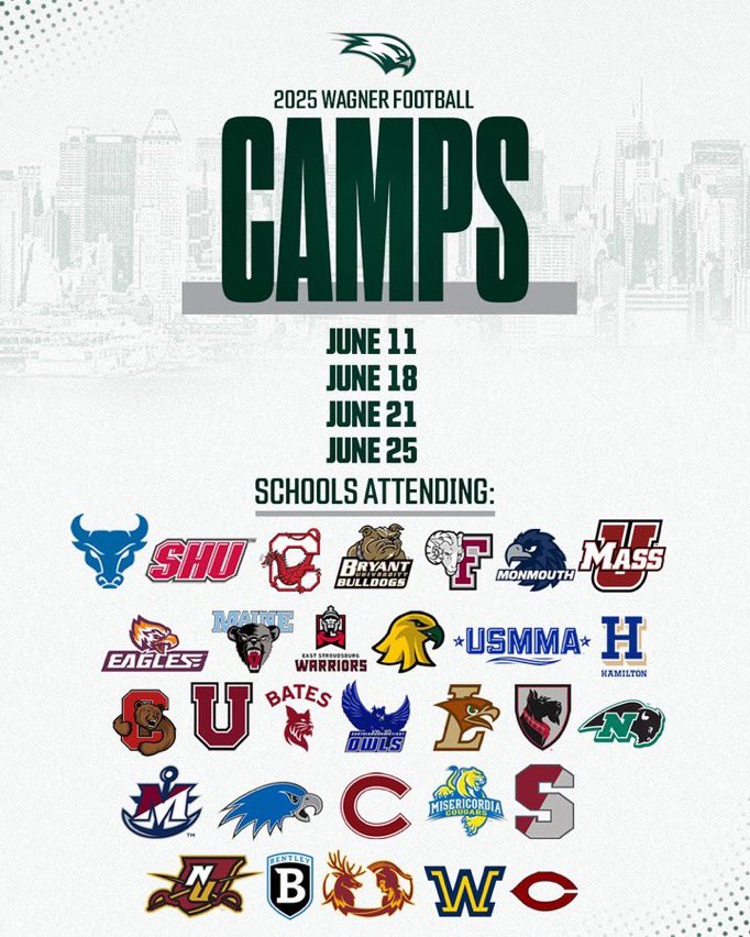 I will be attending Wagner Camp later on today

<a href="/CoachYasir/">Coach Yasir Thomas</a> <a href="/CoachReekNJ/">Tareek Montague</a> <a href="/jerryflora1/">jerry flora</a> <a href="/Wagner_Football/">Wagner College Football</a> <a href="/DomenicIsabell/">Domenic Isabell</a>