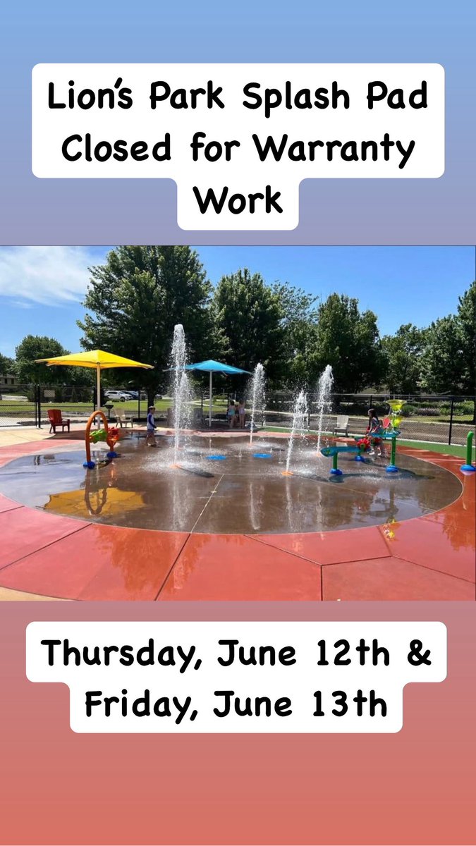 ValleyCenterKS's tweet image. The Lion’s Park Splash Park will be closed from Tuesday, June 10th through Friday, June 13th for warranty work.

More Information @ valleycenterks.gov/427/Splash-Par…

#VCPride #valleycenterks #ilovevc #vcparks