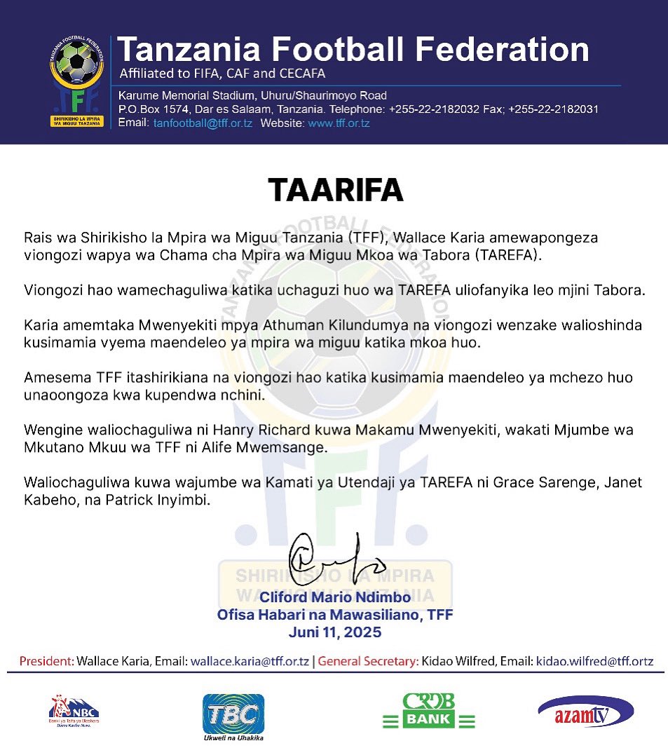 Taarifa kutoka Shirikisho la Mpira wa Miguu Tanzania (TFF)

@taifastars_ @caf_online <a href="/tplboard/">Ligi Kuu</a>
