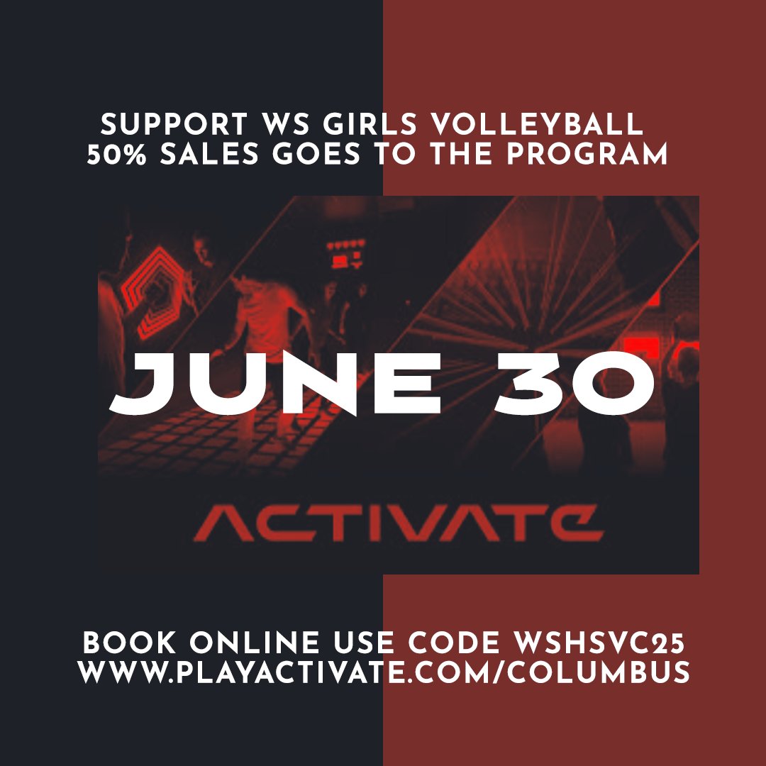 Come join us for a night of guaranteed fun!!!
Support Westerville South Girls Volleyball and 50% of sales will go back to them!!
Book online using code WSHSVC25 at checkout!
playactivate.com/columbus