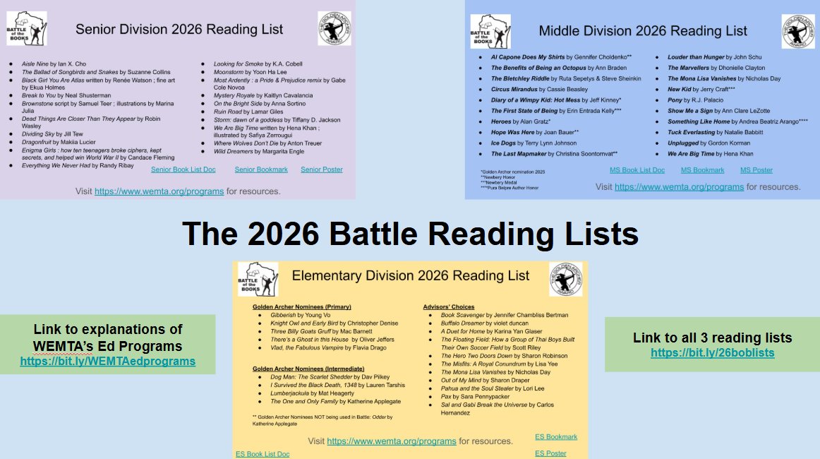 📚✨ Announcing the 2026 Battle of the Books Reading Lists! 📖🎉

🔗 Visit our website for more details and to see the full list!
sites.google.com/wemta.org/batt…

#BattleOfTheBooks2026 #WEMTAReads #SummerReading #BookLovers #ReadingChallenge #WEMTA