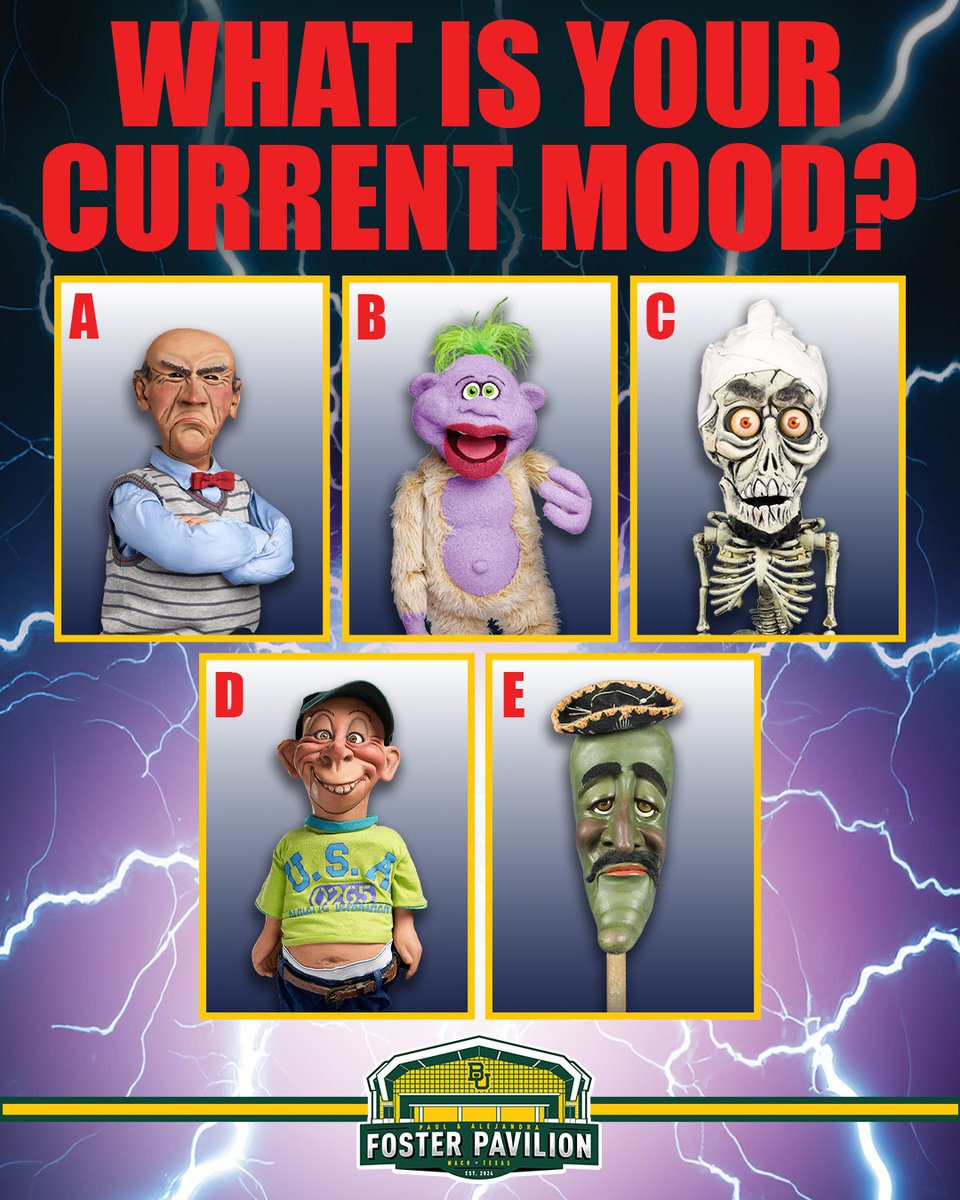🤔 Are you a grumpy realist like Walter?
A troublemaker like Peanut?
A wildcard like Achmed?
The heart of every tailgate party like Bubba J?
Or the voice of reason like José?

See @JeffDunham: Artificial Intelligence at Foster Pavilion on Oct. 3 🎟️ bit.ly/JeffDunham_Tix…