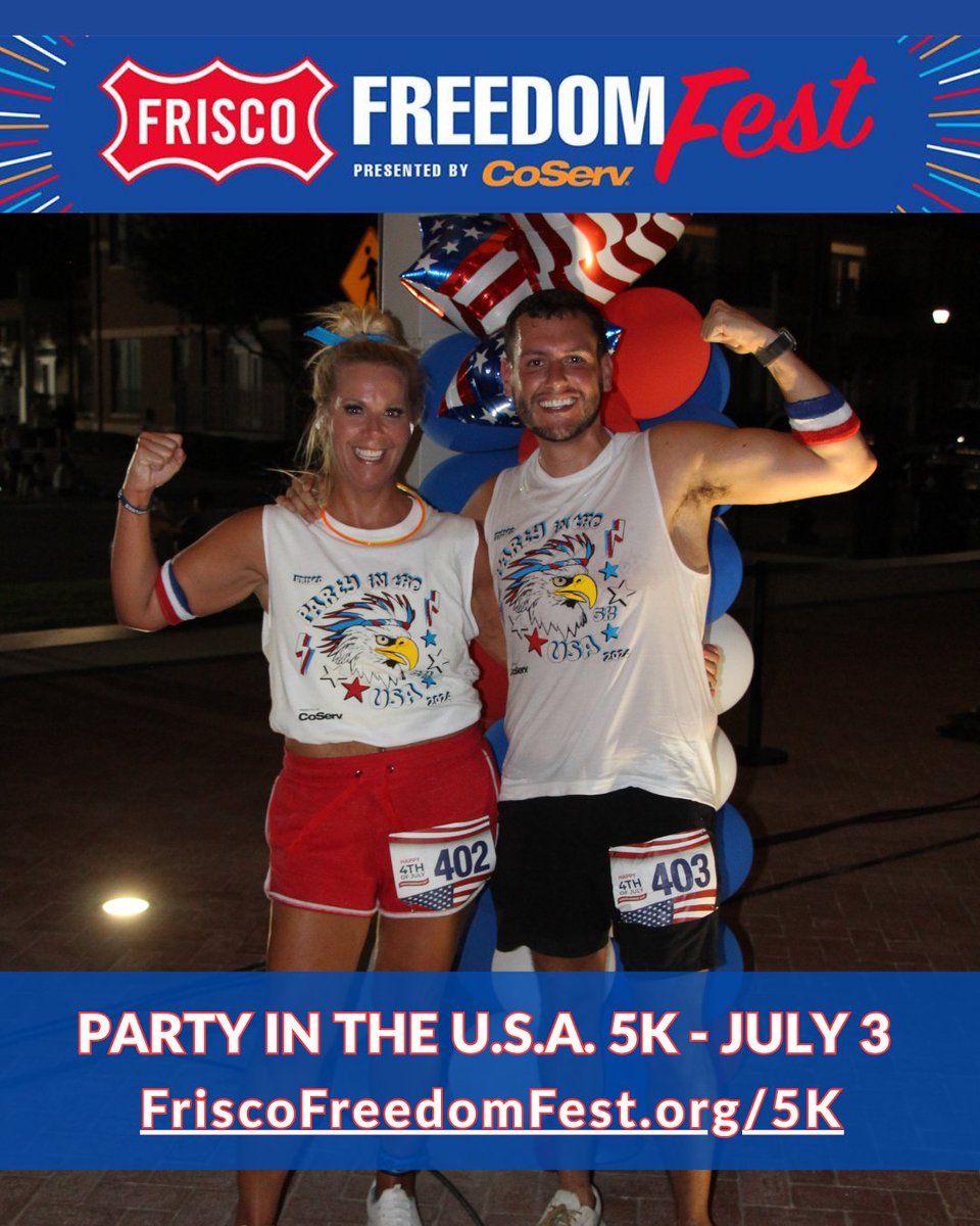 CityOfFriscoTx's tweet image. On your mark, get set, run! 🏃 Kick off Frisco Freedom Fest presented by @CoServ with the Party in the U.S.A. 5K on Thursday, July 3, at kaleidoscopentx. The event offers fun for all ages!

Learn more and register at: FriscoFreedomFest.org/5K.

#July3 #FriscoTX #FunRun #5K