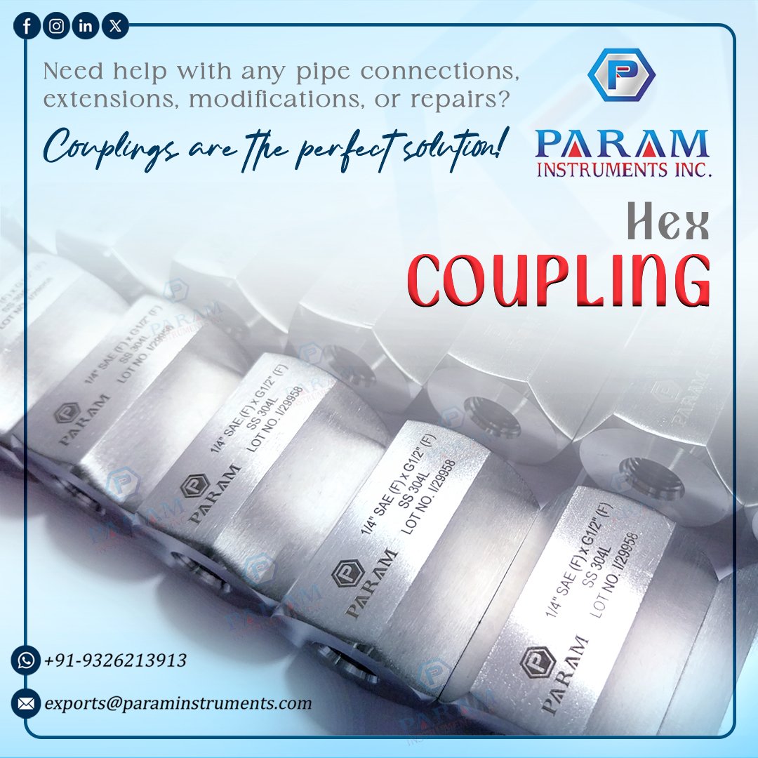 Param Instruments Inc. (@param_inc_) on Twitter photo A coupling is used in piping to join pipes of equal or different sizes, extend or terminate runs, change pipe size, and repair leaking pipes.
Email: exports@paraminstruments.com
WhatsApp: +919326213913
#industrial #fittings #coupling #steel #connector #pipe #refinery #madeinIndia A coupling is used in piping to join pipes of equal or different sizes, extend or terminate runs, change pipe size, and repair leaking pipes.
Email: exports@paraminstruments.com
WhatsApp: +919326213913
#industrial #fittings #coupling #steel #connector #pipe #refinery #madeinIndia