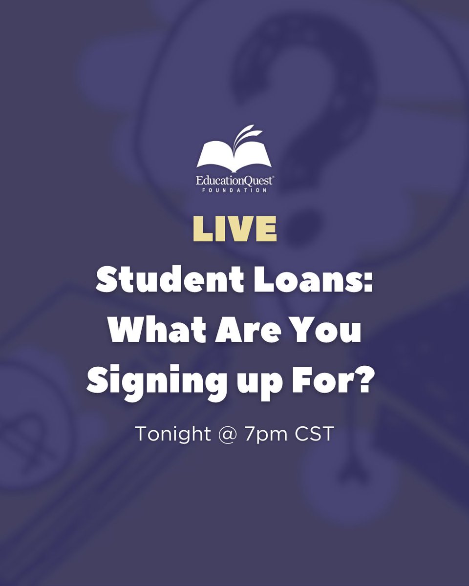 Student loans can help you pay for college, but do you know what you’re signing up for? 💰 

Join our live stream tonight to understand the ins and outs of student loans! Live @ 7pm CST: eqf.org/3FVILhd

#StudentLoans #FinancialAid #College #CollegeAdvice