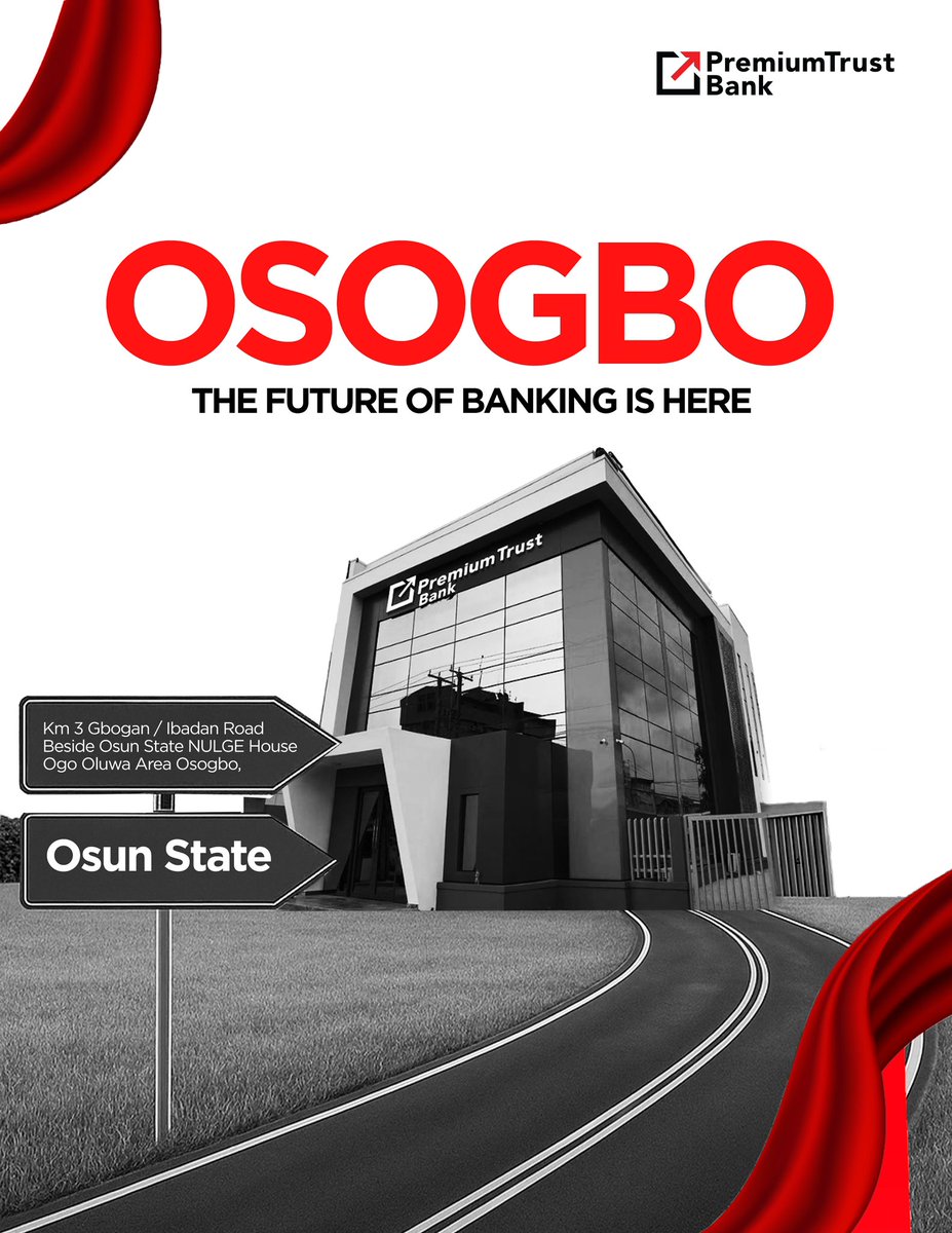 Osogbo, welcome to a new level of excellence! Our premium services are now open to you.

Walk into our branch at KM 3 Gbogan/Ibadan Road beside Osun NULGE House Ogo Oluwa Area, Osogbo.

#premiumtrustbank #togetherforgrowth #newbranchalert