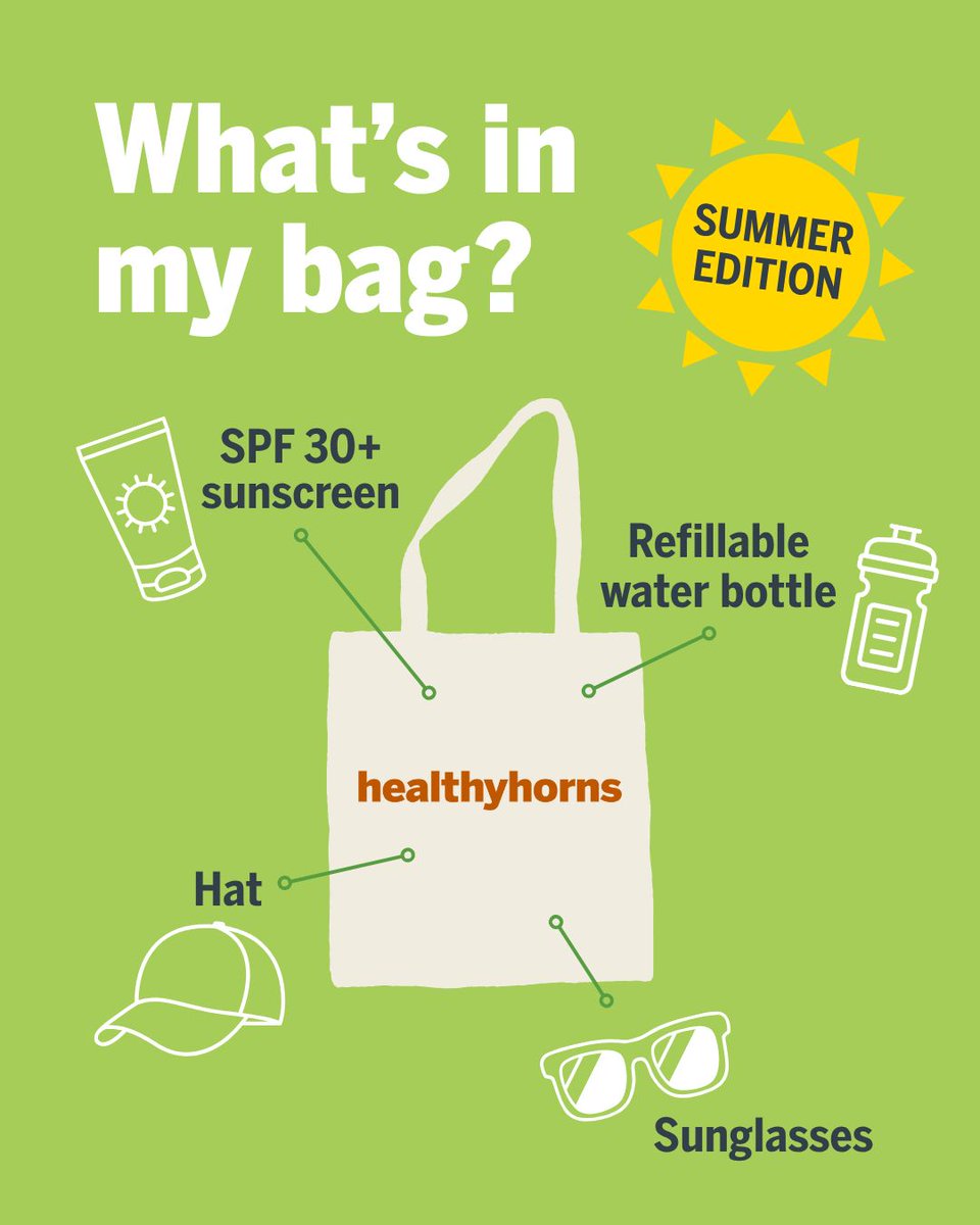 Healthyhorns's tweet image. Before you head out, don't forget your summer essentials! Here are a few things you can take to stay cool, safe and hydrated.