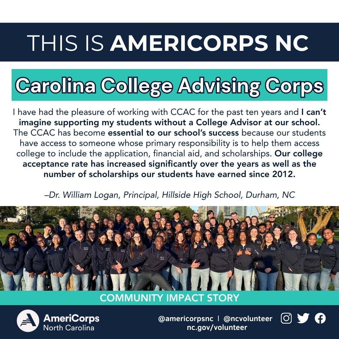 In our ongoing series, #ThisisAmeriCorpsNC we’re proud to highlight the vital work our members are doing with the #CarolinaCollegeAdvisingCorps! They’re supporting students on their journey to access higher education, ensuring that every dream has a chance to become a reality!