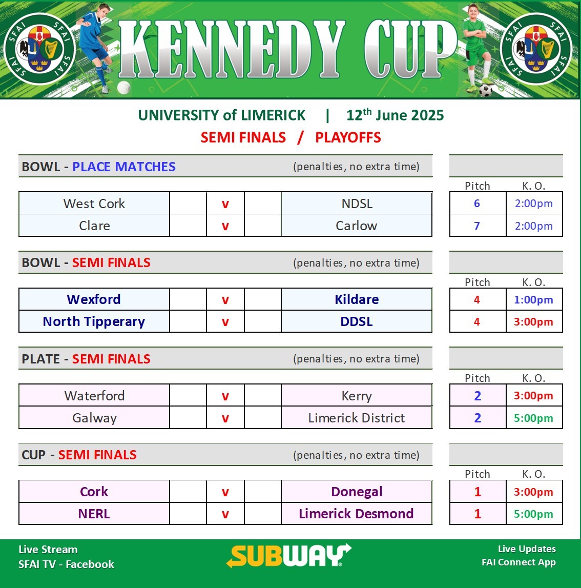 SFAIreland's tweet photo. ⚽ Day 4 – Semi-Finals &amp; Place Matches

Mega day of football ahead at the Kennedy Cup. 

Best of luck to all teams—give it everything

 #KennedyCup

#WhatItMeans https://t.co/AzBDCLlGei