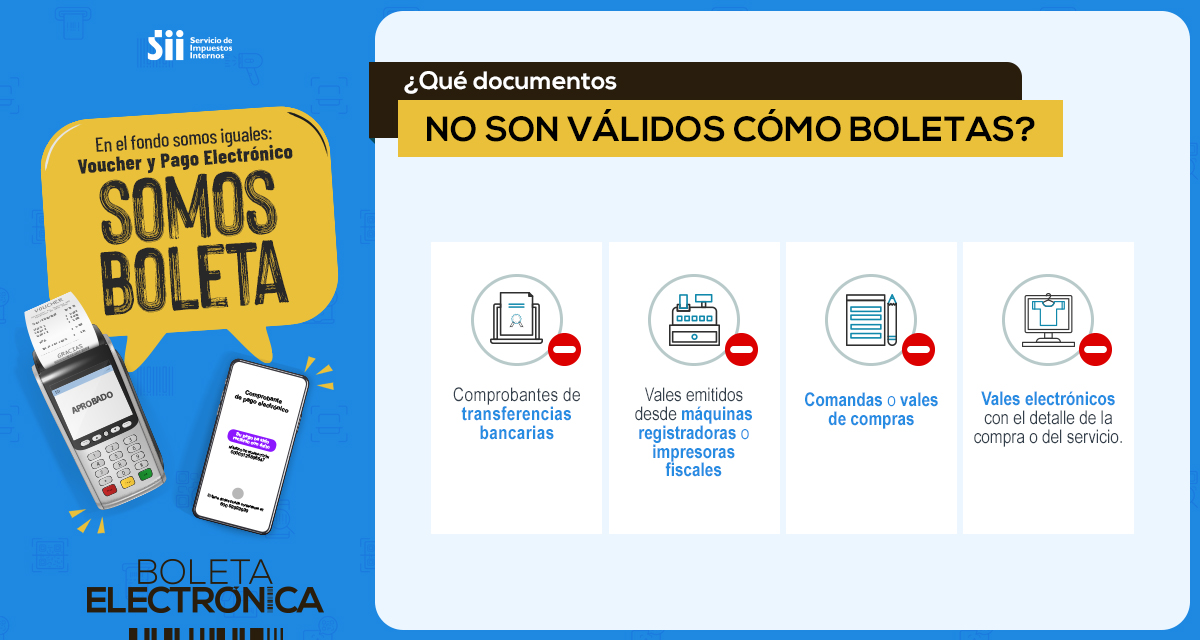 [BOLETA ELECTRÓNICA]: Infórmate aquí qué documentos NO son válidos como boletas. Recuerda que al realizar una compra, sin importar tu medio de pago, siempre debes exigir la copia impresa o virtual de tu boleta y/o voucher