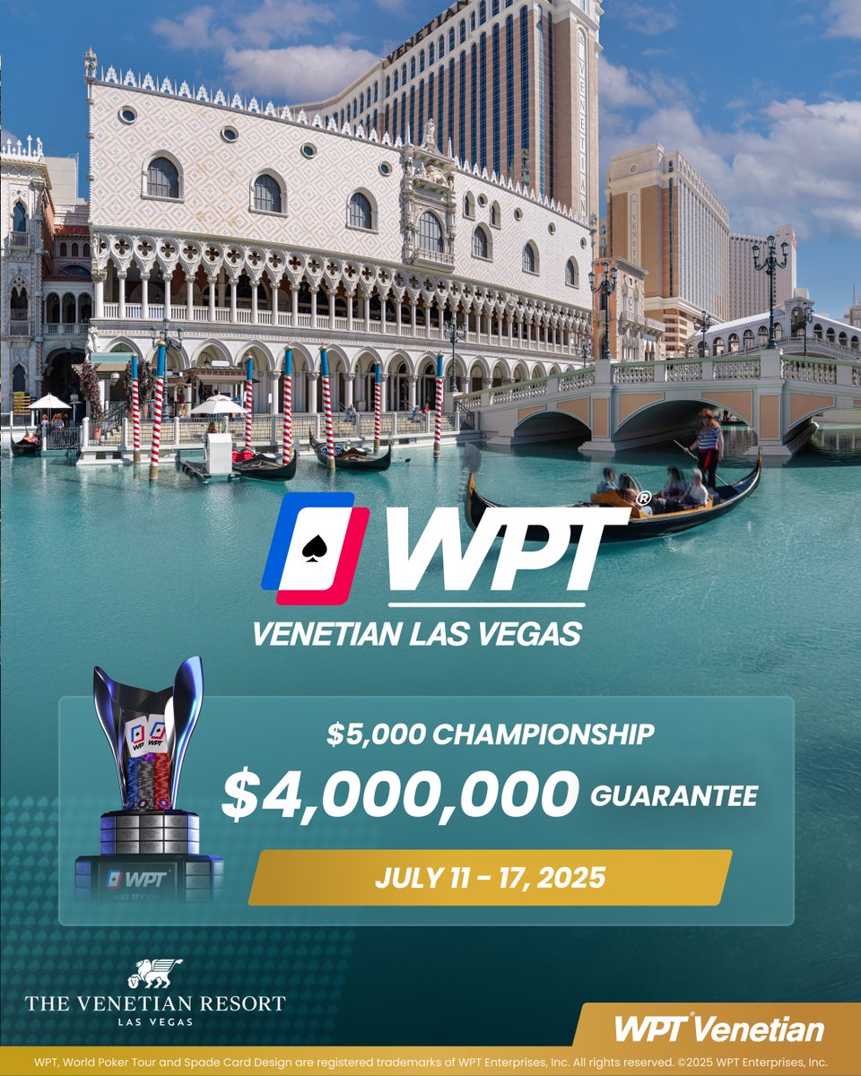 World Poker Tour (@wpt) on Twitter photo 🚨ONE MONTH OUT🚨
The $5,000 WPT <a href="/VenetianVegas/">The Venetian Resort Las Vegas</a> Championship begins July 11th and features three starting flights, a $4M GTD and a livestreamed final table! 🏆
We'll see you at <a href="/VenetianPoker/">Venetian Poker Room</a> 👀 🚨ONE MONTH OUT🚨
The $5,000 WPT <a href="/VenetianVegas/">The Venetian Resort Las Vegas</a> Championship begins July 11th and features three starting flights, a $4M GTD and a livestreamed final table! 🏆
We'll see you at <a href="/VenetianPoker/">Venetian Poker Room</a> 👀