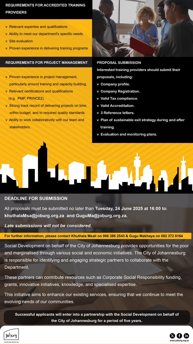 City of Joburg (@cityofjoburgza) on Twitter photo Submission Deadline Approaching🚨
Proposals must be submitted by Tuesday, 24 June 2025 at 16:00
đź“§ Email to: KhuthalaMsa@joburg.org.za and GuguMa@joburg.org.za
📞 For further information, contact:
Khuthala Msali – 066 388 2543
Gugu Makhaya – 082 372 8164
Late submissions will Submission Deadline Approaching🚨
Proposals must be submitted by Tuesday, 24 June 2025 at 16:00
đź“§ Email to: KhuthalaMsa@joburg.org.za and GuguMa@joburg.org.za
📞 For further information, contact:
Khuthala Msali – 066 388 2543
Gugu Makhaya – 082 372 8164
Late submissions will