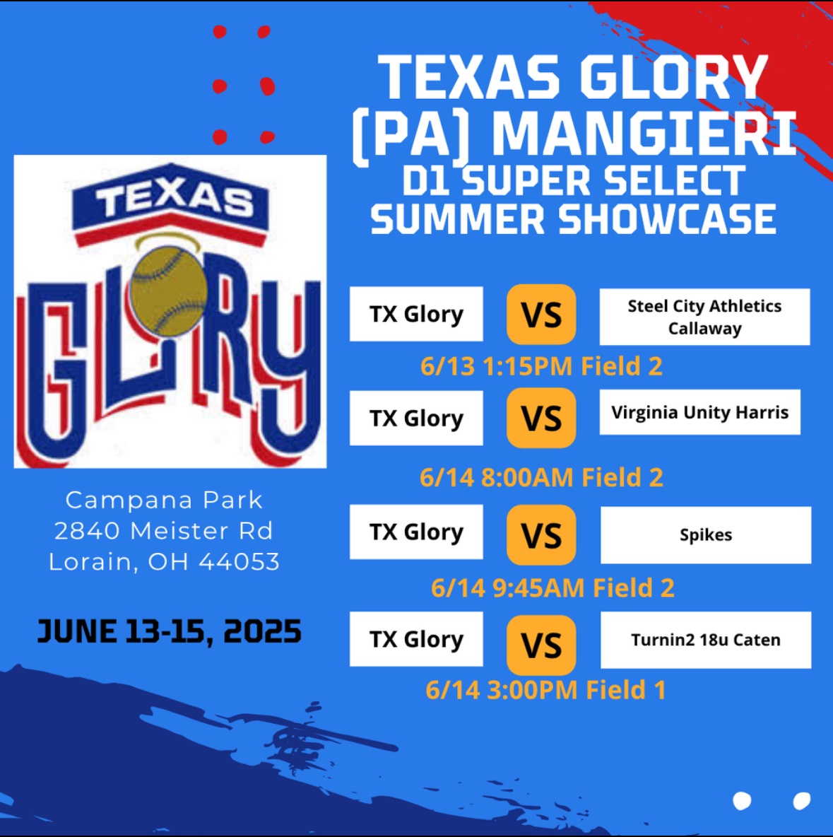 TEXAS GLORY PA is heading to North Ridgeville for the Outlaws D1 Super Select Tourney…