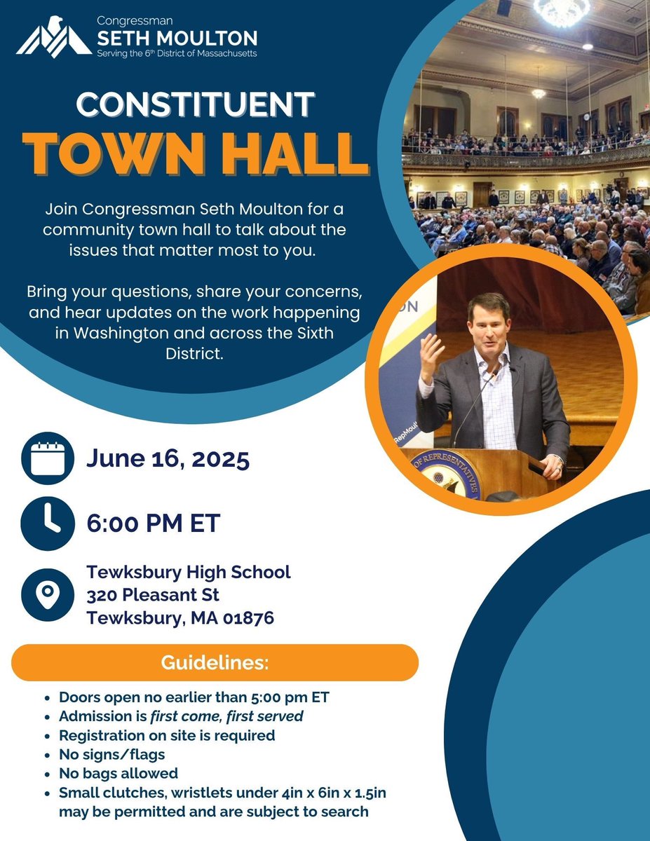 RepMoulton's tweet image. We're hosting our next Town Hall for MA-06 constituents on June 16th at Tewksbury High School. Hope to see you there!