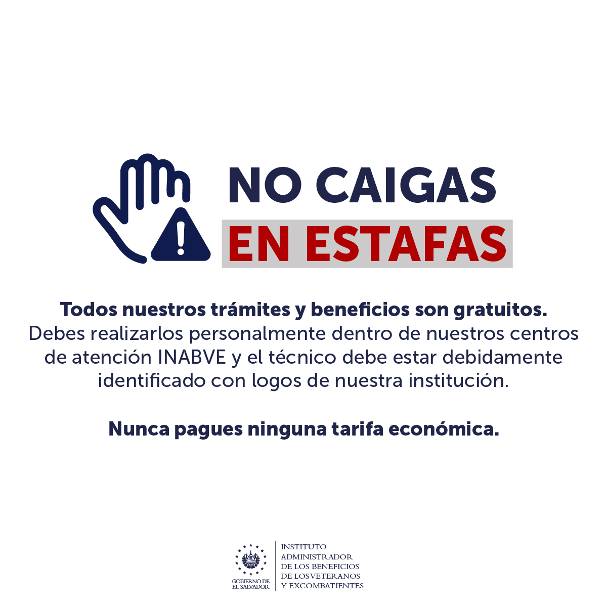INABVESV's tweet image. ¡No caigas en estafas! 🤚
Recuerda que todos nuestros trámites y beneficios son gratuitos, si alguien quiere cobrarte alguna tarifa económica por realizarlos o recibirlos, es una estafa. 🛑
Si tienes dudas llama a nuestro call center 2522-9292.