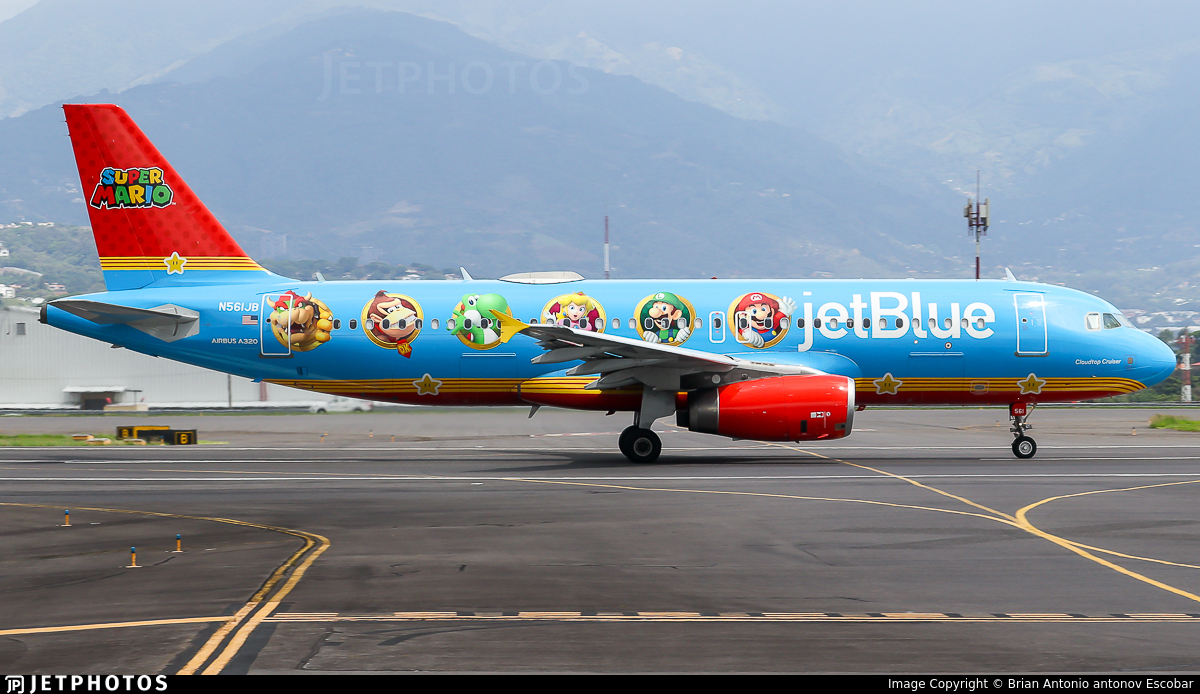 JetBlue’s Super Mario livery A320 in San Jose. jetphotos.com/photo/11731601 © Brian Antonio antonov Escobar