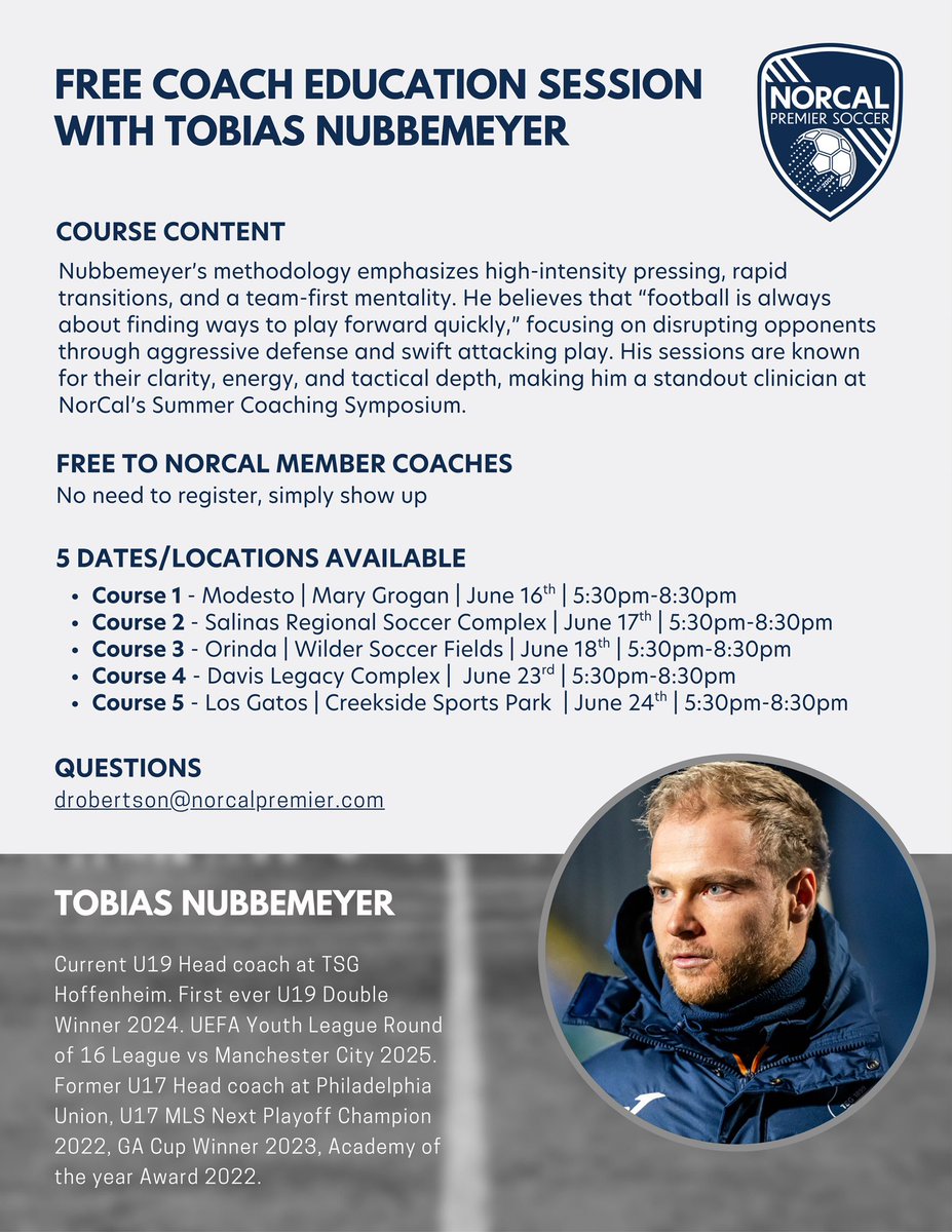 Later this month, NorCal is hosting five coaching education sessions with U19 Hoffenheim Manager Tobias Nubbemeyer! These are free to any NorCal member coach and registration isn’t necessary, just show up!