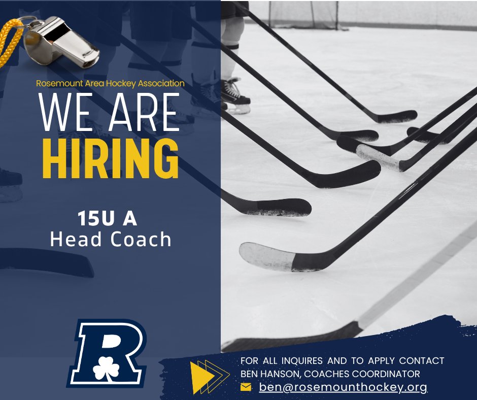 RAHA is seeking a 15U A Head Coach-This is a great opportunity to make a meaningful impact, lead a competitive team, &amp; help shape the next generation of female players in our community. Interested/know someone who would be a great fit? Email Ben Hanson, at ben@rosemounthockey.org