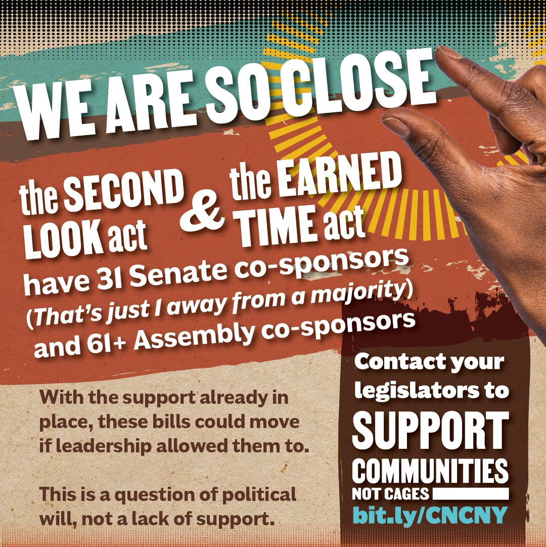 We are 1 vote away from a Senate majority on Second Look + Earned Time. We've got 61+ sponsors in the Assembly. The support is here: leadership is the holdup. Contact your lawmakers: bit.ly/CNCNY #CommunitiesNotCages