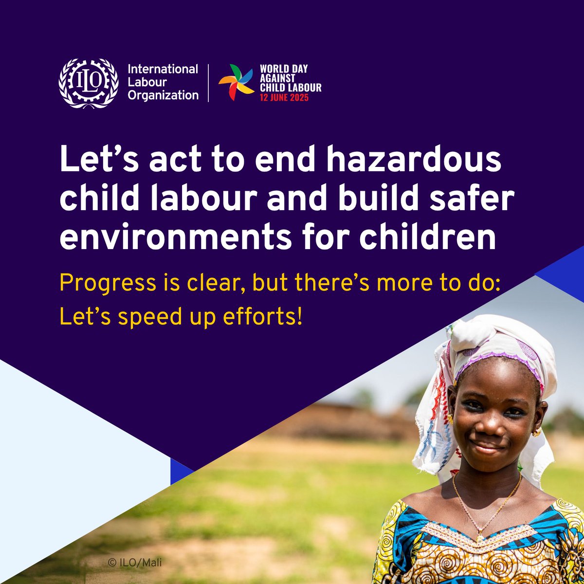 🚨 12 June marks World Day Against Child Labour 🚨

Too many children are still working – and worst of all – in dangerous conditions, including humanitarian crises.

#EndChildLabour

👉 bit.ly/WDACL-June12
#ILC2025 #ChildLabour #ChildProtection #HumanitarianCrises <a href="/ilo/">International Labour Organization</a>