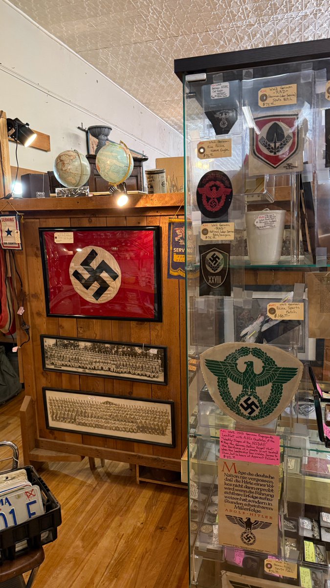 hillaryfierce's tweet photo. Just walked out of @SunriseAntique in Kerrville, TX — they’re openly selling Nazi memorabilia: swastika flags, SS pins, Hitler portraits.

This isn’t “history,” it’s hate for sale. I told the staff, got no response, and left.

Kerrville deserves better.
#NoPlaceForHate #Texas https://t.co/FoqoaRj6ee