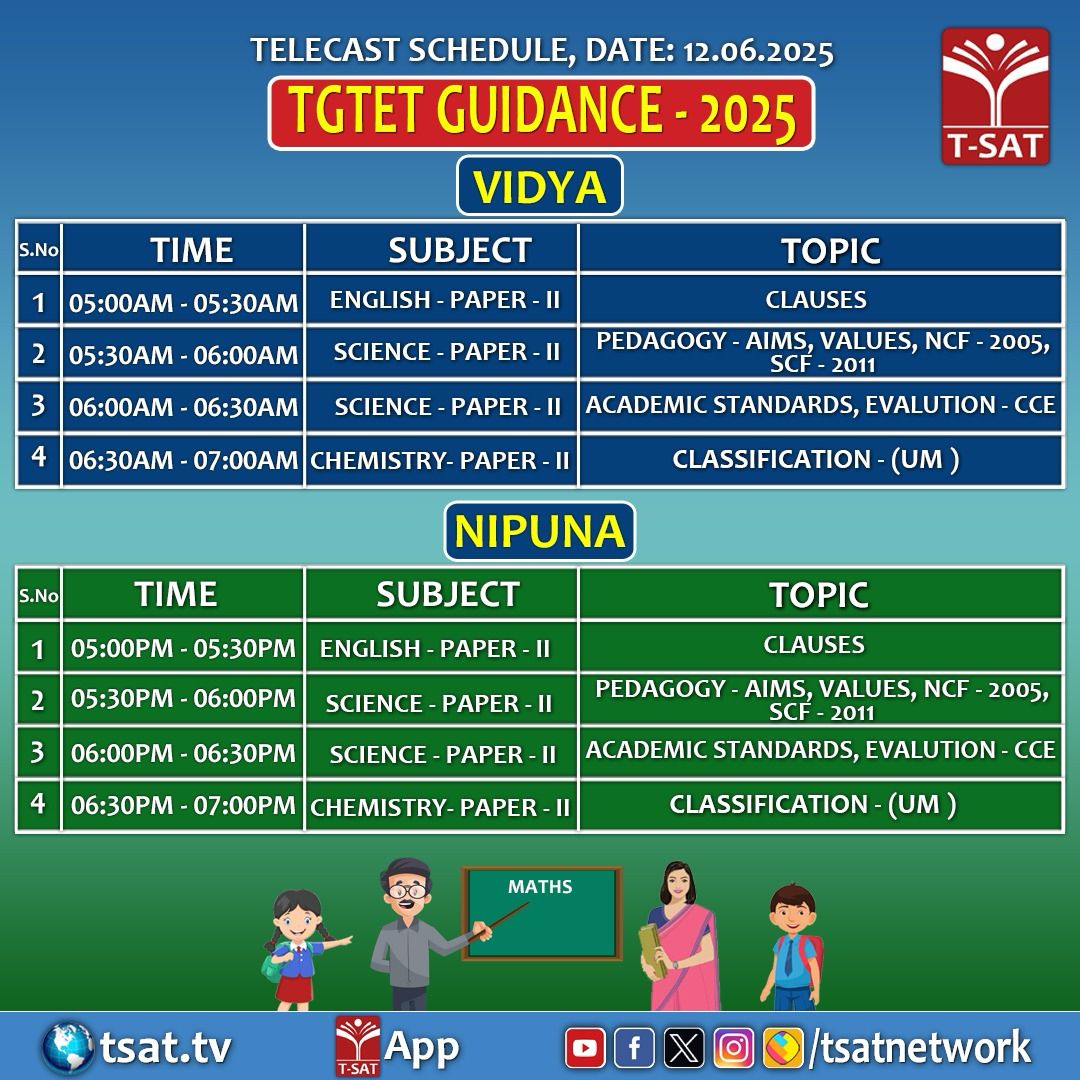 🎯TGTET Guidance - 2025 on T-SAT, dated 12.06.2025: T-SAT Telecast Schedule