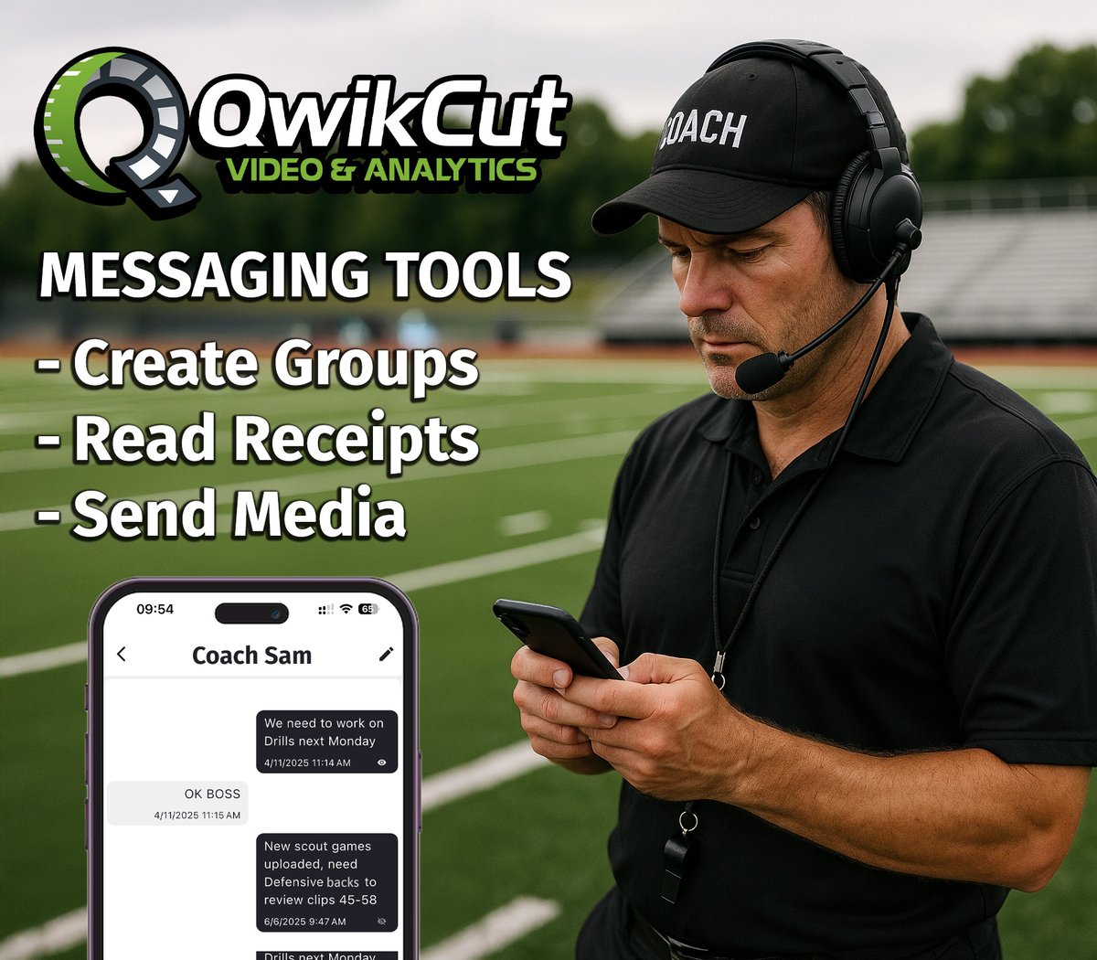 💬 Communication just got easier.

QwikCut’s updated messaging system is now live on both desktop and mobile! Whether you're sending a quick reminder or coordinating game plans, your team stays in sync. Anytime, anywhere.

Log in and start a conversation today.