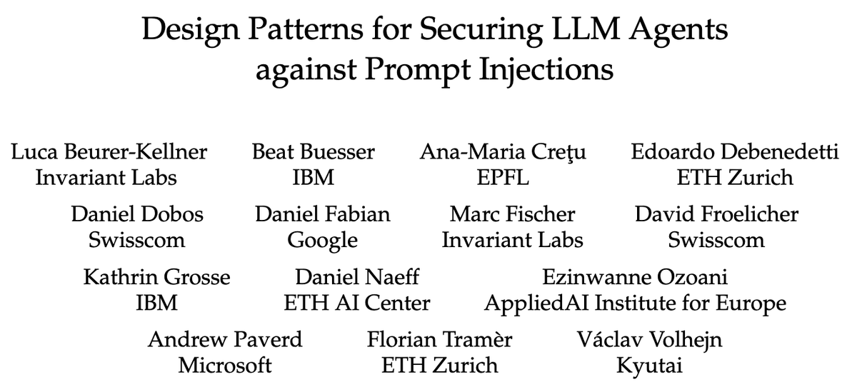 Last year we launched the Swiss AI red-teaming network with <a href="/ETH/">ETH Zürich</a> <a href="/EPFL/">EPFL</a> and multiple companies

We started off with discussing pragmatic prompt injection defenses

We compiled our thoughts into a list of "design patterns" that we think can be effective in many practical settings