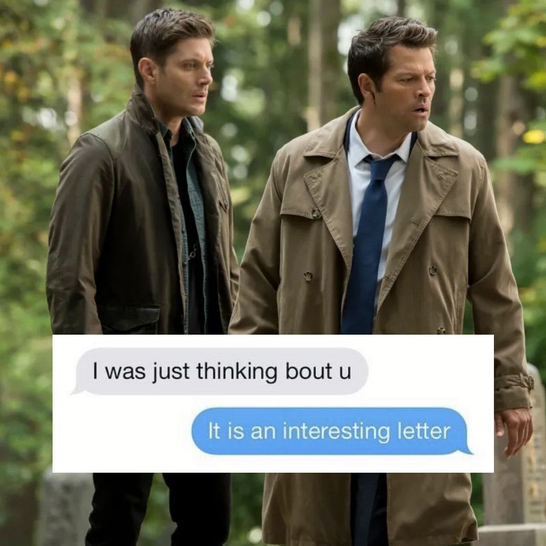 alltoobuck's tweet image. this image has the same energy as that scene where dean asks cas, “what’s the word, cas?” and he goes, “it’s a shortened version of my name” 😭