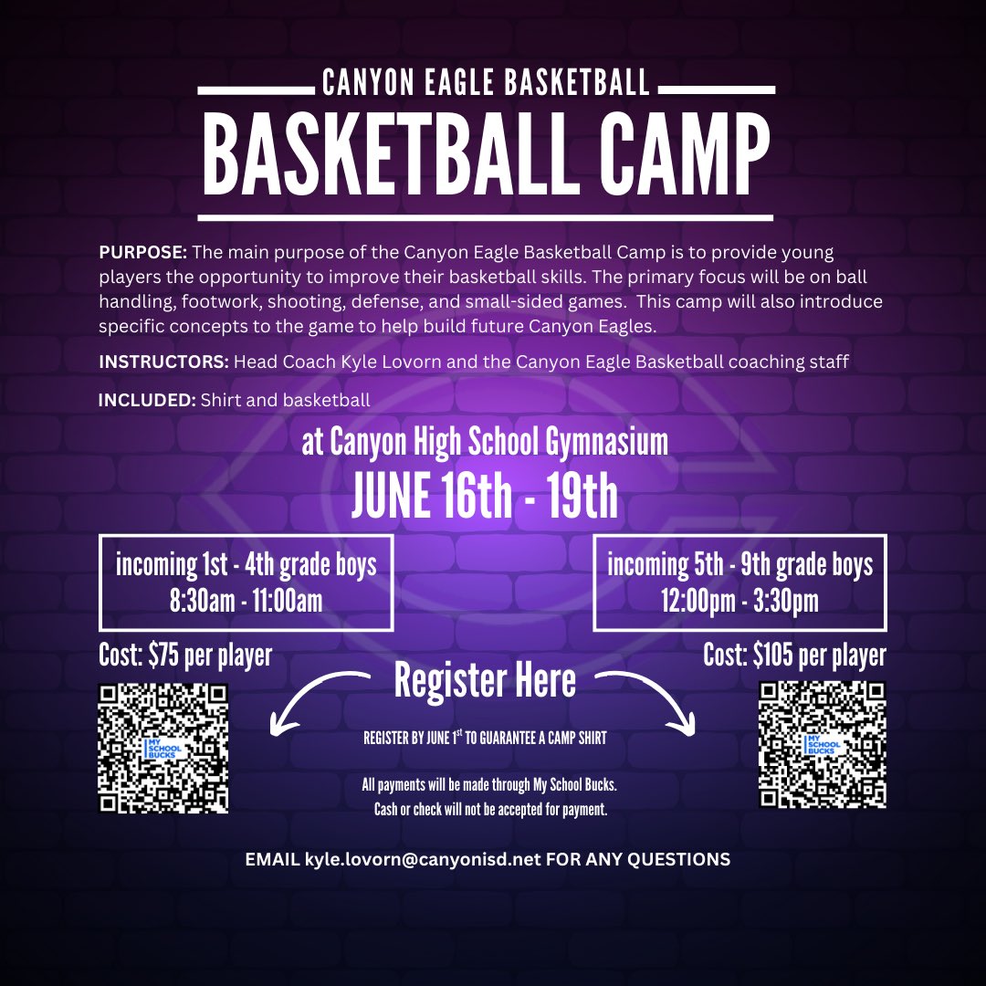 Canyon Eagle Basketball (@chseaglehoops) on Twitter photo There is still time to register for the CANYON EAGLE BASKETBALL CAMP!!!
C’mon and join us for a great week of hoops!
Go Eagles🦅!!! There is still time to register for the CANYON EAGLE BASKETBALL CAMP!!!
C’mon and join us for a great week of hoops!
Go Eagles🦅!!!
