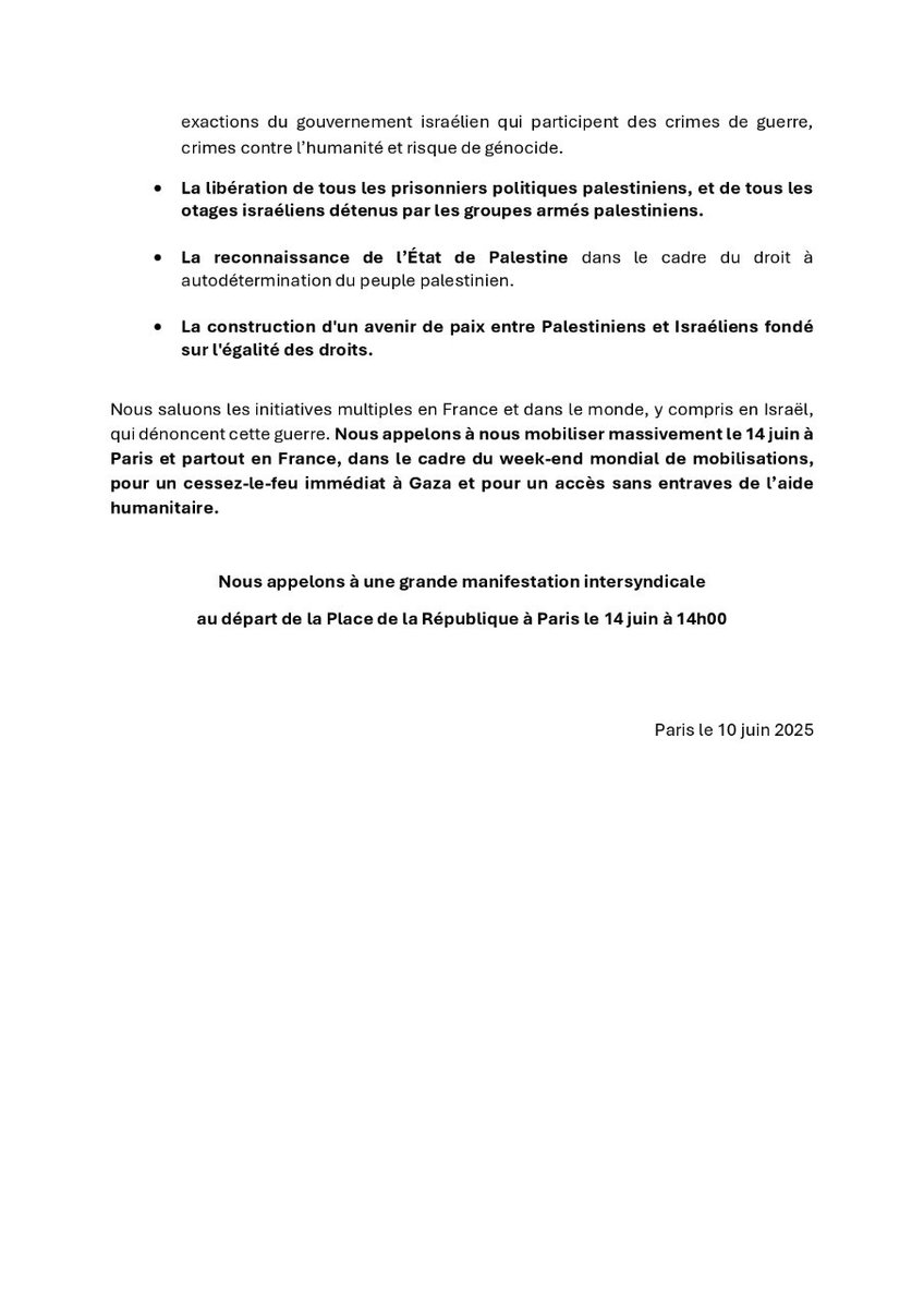 Nous saluons l'appel de l'intersyndicale à une mobilisation pour la Palestine le 14 juin. 

Enfin un cadre inclusif avec des revendications claires et justes :
- Cessez le feu et libération des otages
- Reconnaissance de la Palestine
- Paix entre Israéliens et Palestiniens