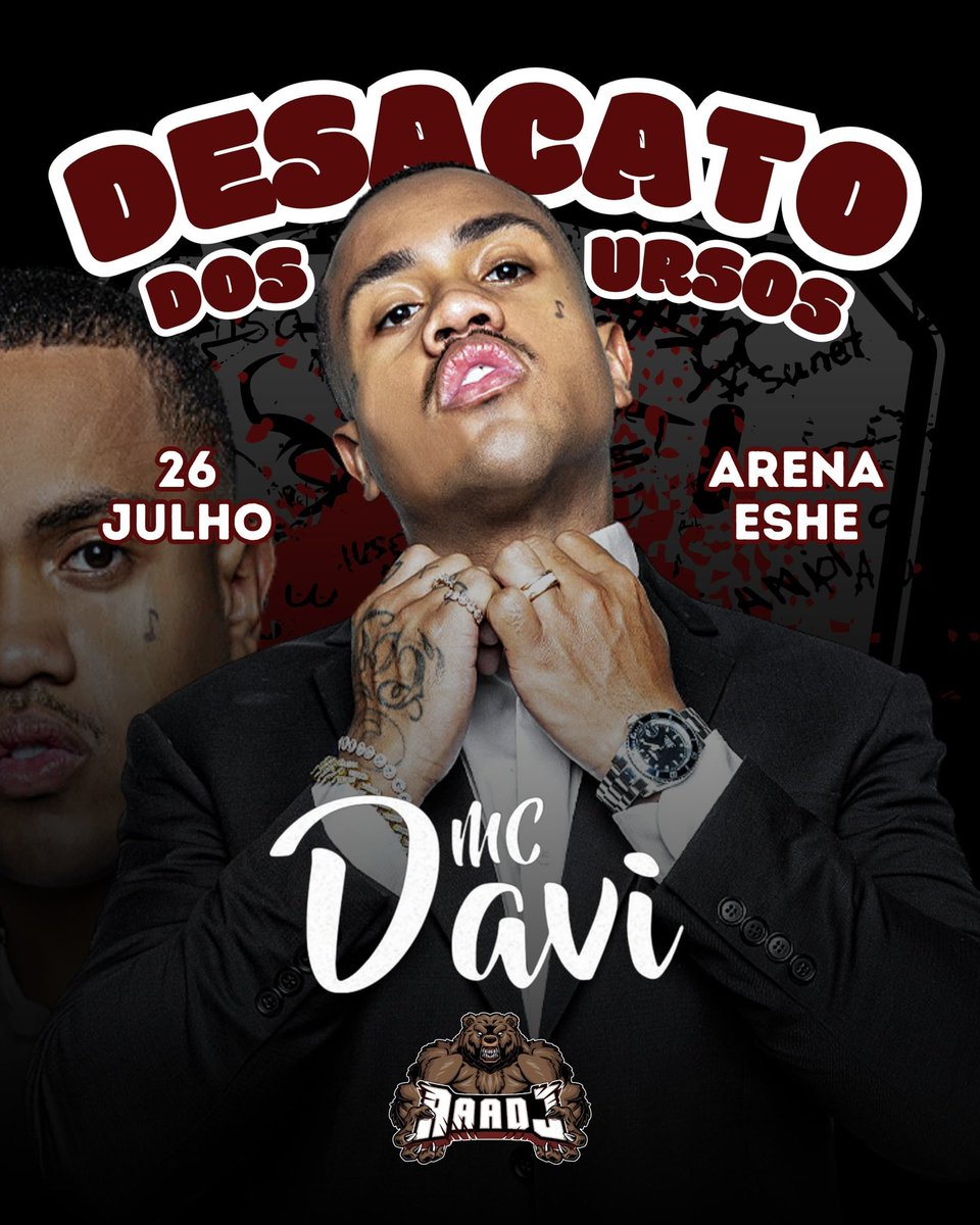 AAADJnoTT's tweet photo. DESACATO DOS URSOS chegou pra mudar o jogo!
No dia 26 de julho, a Arena Eshe vai ser palco de um estrondo: MC DAVI ao vivo, soltando o grave e levantando a pista! 

Esse não é só mais um rolê…
É a URSADA chamando todos pro caos, prontos pra virar a noite no grito e no proibidão! https://t.co/0es4HxEdzZ