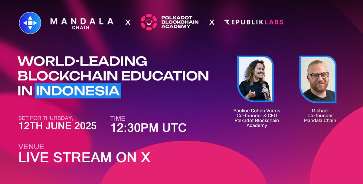 Mandala Chain (@mandalachain) on Twitter photo Join us tomorrow at 12:30 PM UTC for an exclusive livestream featuring <a href="/PaulineVorms/">Pauline Cohen Vorms</a>, CEO and Co-founder of <a href="/AcademyPolkadot/">Polkadot Blockchain Academy</a>, hosted by our co-founder <a href="/Mick_Republik/">Michael Bennallack</a>! 🌍💡
We'll discuss Blockchain Education in the 4th largest nation in the world, facilitated by Mandala Chain and Join us tomorrow at 12:30 PM UTC for an exclusive livestream featuring <a href="/PaulineVorms/">Pauline Cohen Vorms</a>, CEO and Co-founder of <a href="/AcademyPolkadot/">Polkadot Blockchain Academy</a>, hosted by our co-founder <a href="/Mick_Republik/">Michael Bennallack</a>! 🌍💡
We'll discuss Blockchain Education in the 4th largest nation in the world, facilitated by Mandala Chain and